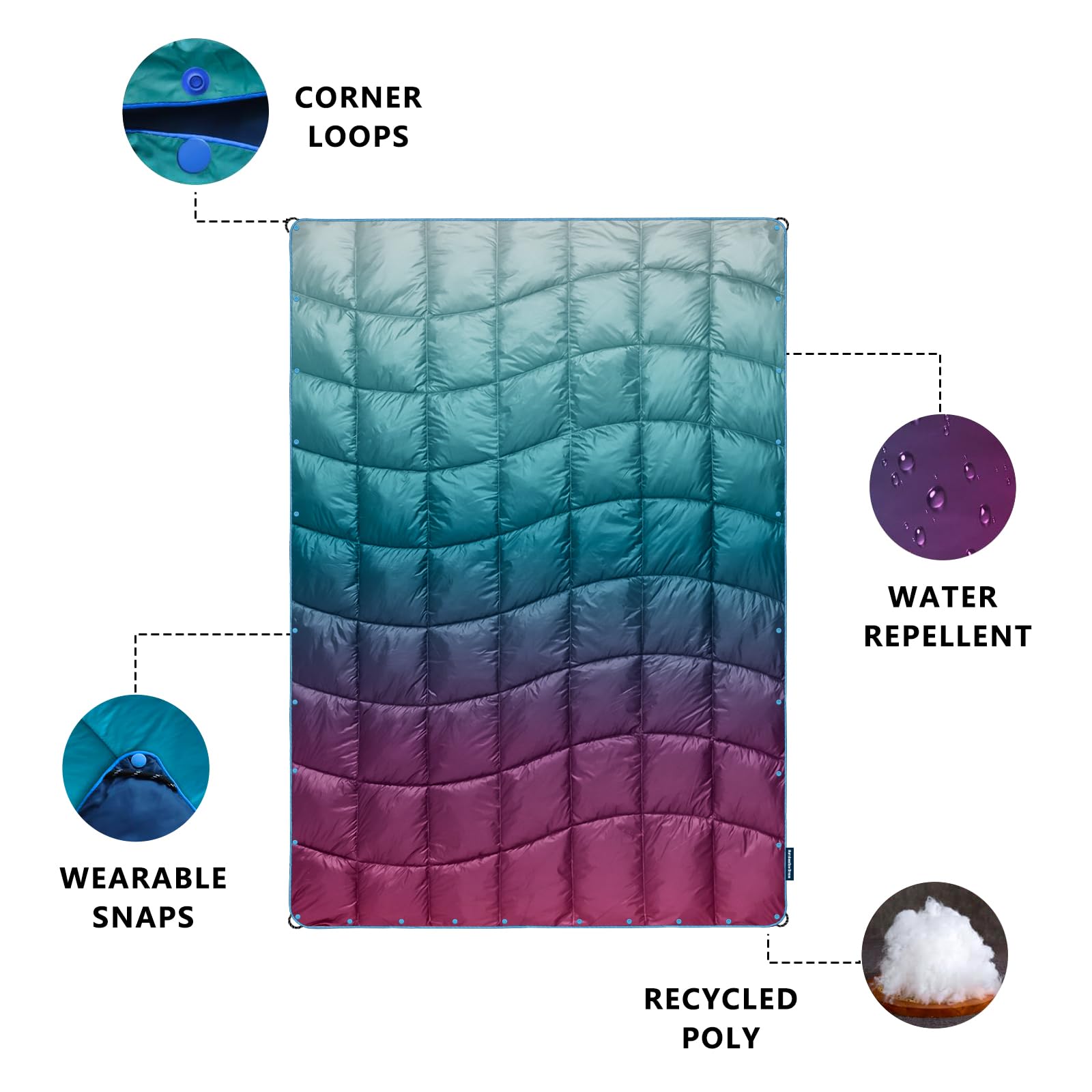 Packable Puffy Down Alternative Camping Blanket - Lightweight, Windproof Outdoor Blanket for Hiking, Backpacking, Beach, Picnic & Stadium (52x75 inches) - Perfect for Camping Trips, Outdoor Adventures & Sporting Events