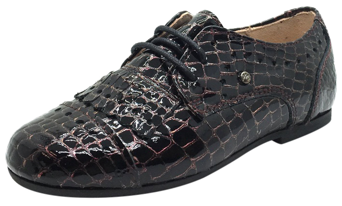 Manuela de Juan Kids' Mat Wine Croc Embossed Patent Leather Oxford Shoes - Stylish Lace-Up Design with Stitched Fringe for Boys & Girls | Perfect for School, Parties & Special Occasions