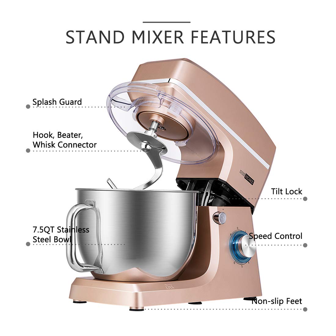 VIVOHOME 7.5 Quart Stand Mixer 660W - 6-Speed Tilt-Head Electric Kitchen Mixer with Beater, Dough Hook, Wire Whip & Egg Separator - Champagne Color - Perfect for Baking Cakes, Cookies, Bread & Pastries at Home