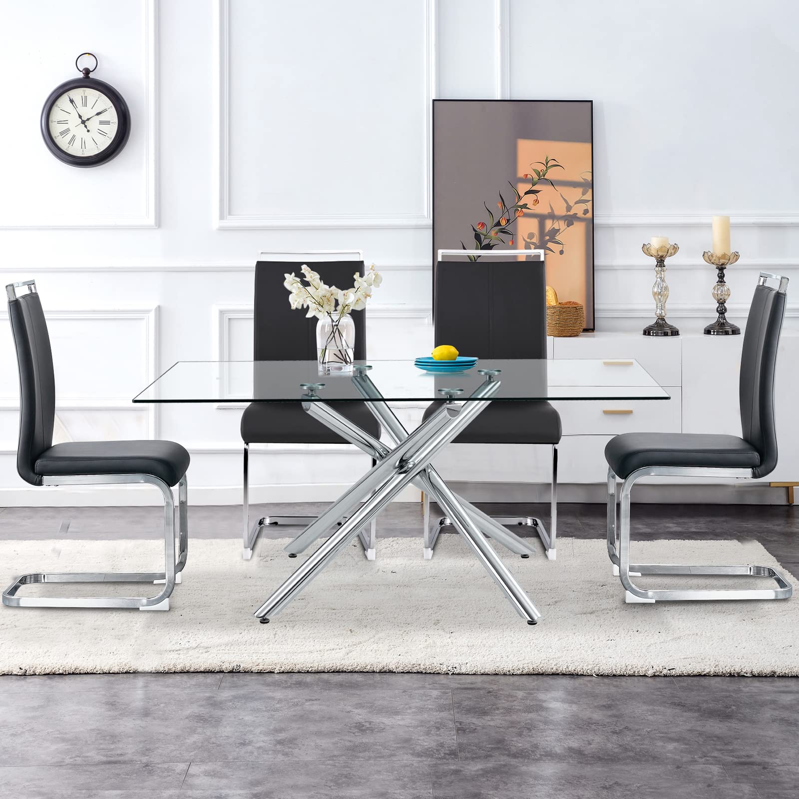 63 Inch Modern Rectangular Glass Dining Table for 4-6 People - Tempered Glass Top with Silver Metal Legs - Perfect for Kitchen, Dining Room & Small Space Entertaining