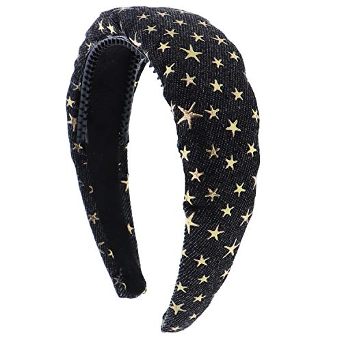 School & Everyday Wide Puffy Headband with Gold Stars - Black for Fashion, Sports, and Casual Wear