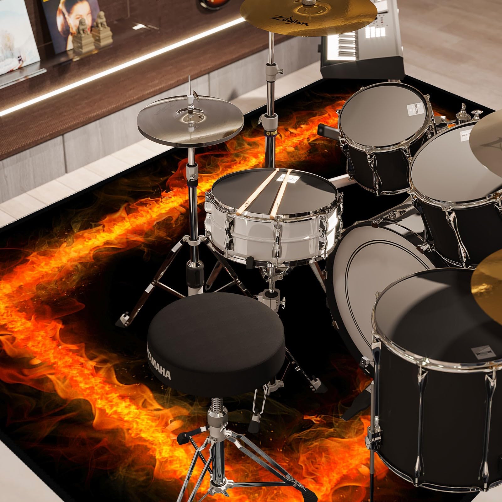 **5.2x6.6ft Drum Rug - Non-Slip Soundproof Drum Mat for Drum Set, 63x79in Electrical Drum Carpet with Flame Design - Perfect for Home Studios, Live Performances & Drum Practice (Red Flame)**