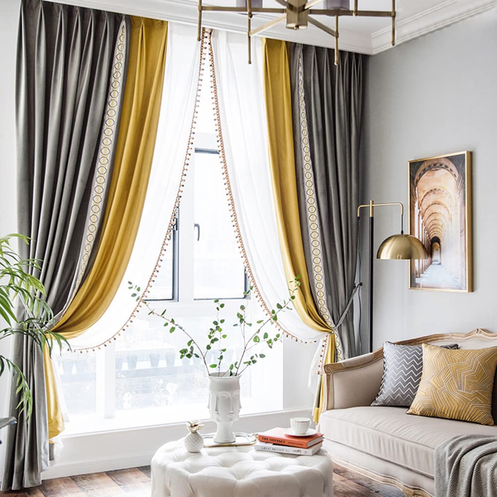 Modern Bohemian Patchwork Blackout Curtains - 85% Light Blocking Double Pleat Drapery Panels for Living Room & Bedroom, Gray & Yellow, 42