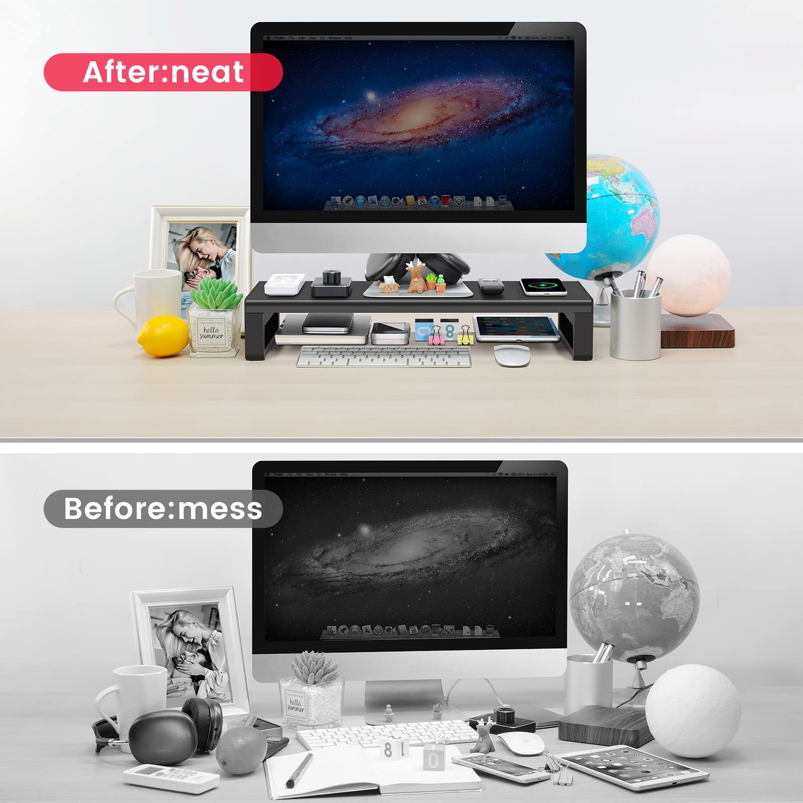 Vaydeer Wireless Charging & USB 3.0 Monitor Stand with Storage - Heavy Duty Desk Riser Organizer for Computer, iMac, Laptop, PC Screen - Perfect for Gaming Setup, Home Office & Studio Workspace