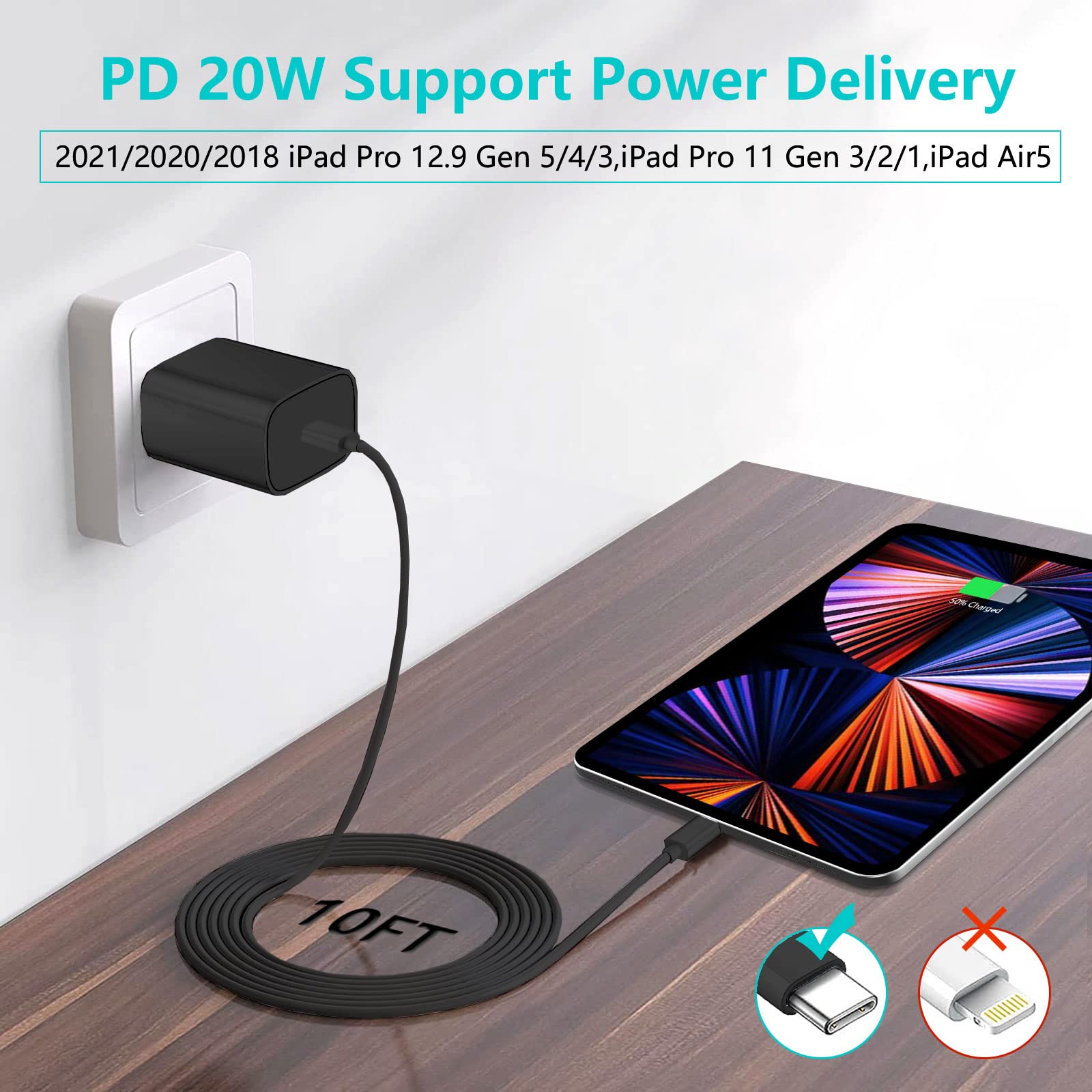 20W USB C Fast Charger for iPad Pro 12.9/11, iPad Air & Mini - 10FT Extra Long Charging Cord - High Speed Power Adapter for Apple Tablets - Perfect for Home, Office & Travel Use