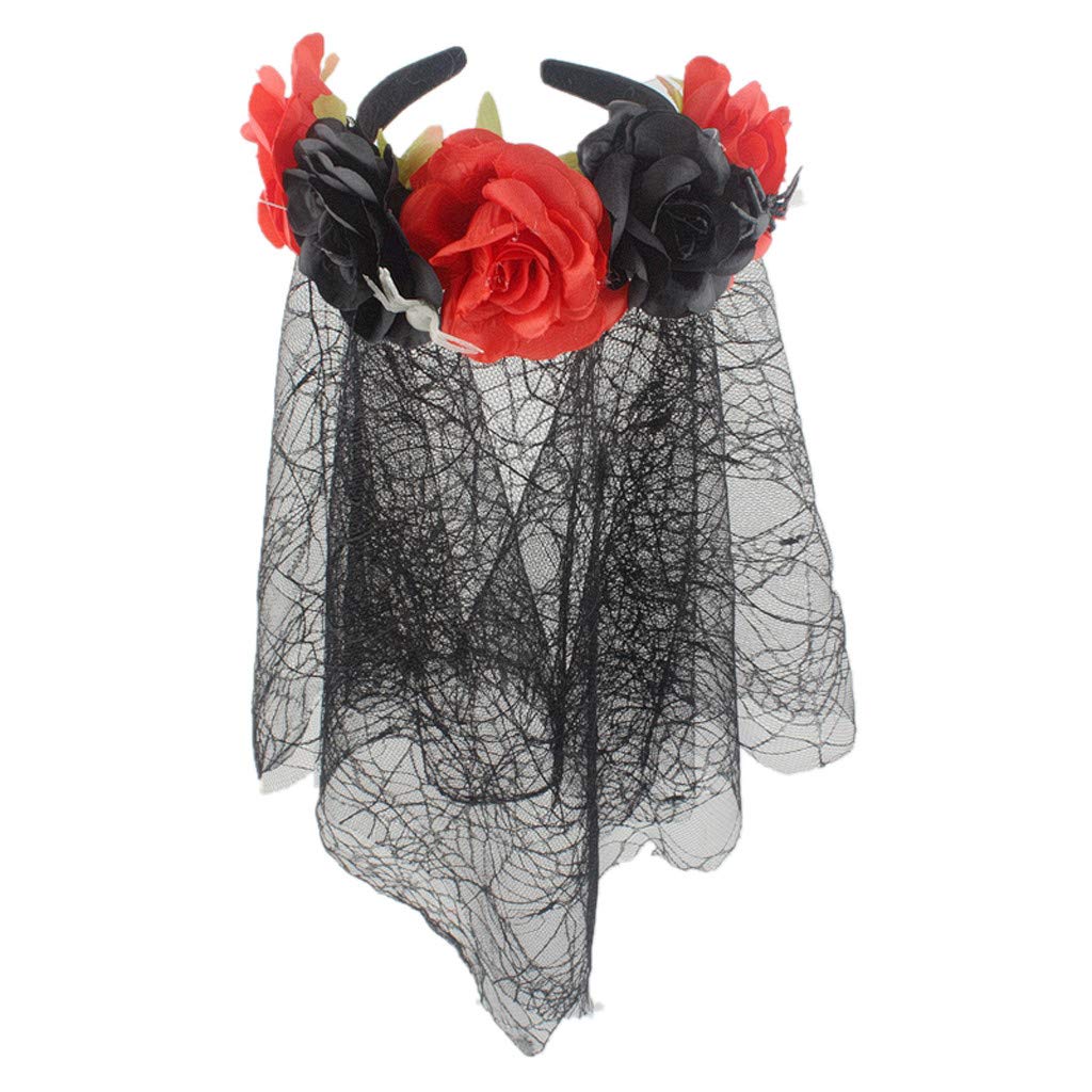TUSANG Adjustable Spider Mesh Headband with Rose Flower - Halloween Hair Accessories for Women, Prom, Cosplay & Costume Parties