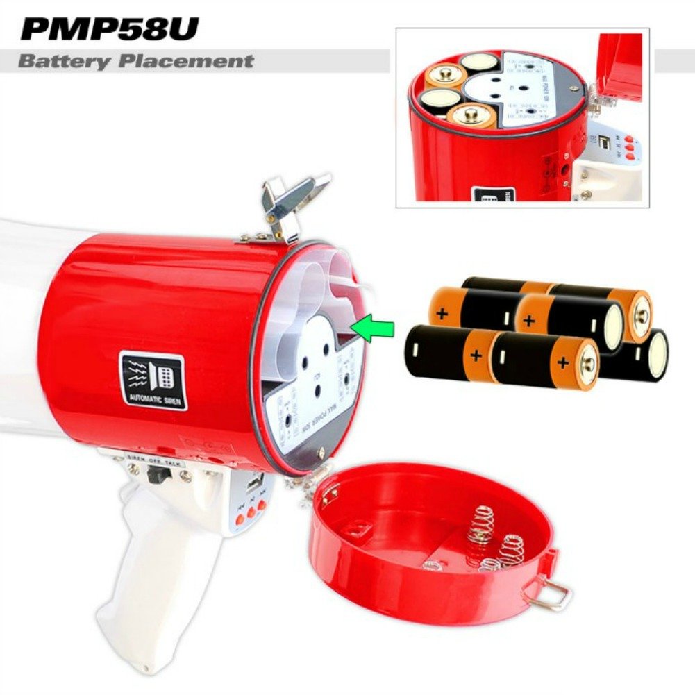 PYLE PMP58U 50W Red Megaphone with USB Port, 6GB Internal Memory & Wired Microphone - 1000m Range, Battery or 12V Transformer Powered - Ideal for Outdoor Events, Crowd Control, and Emergency Alerts
