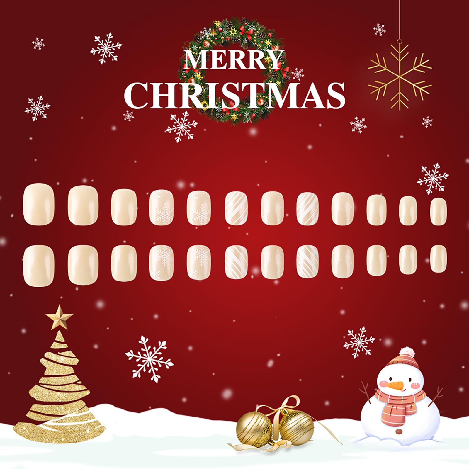 24Pcs Winter Square Press-On Nails - Short Fake Nails with Nude Glossy Finish | Christmas Snowflake Design | Reusable Acrylic Stick-On Nails for Women | Perfect for Holiday Parties, Gift Giving & Everyday Glam