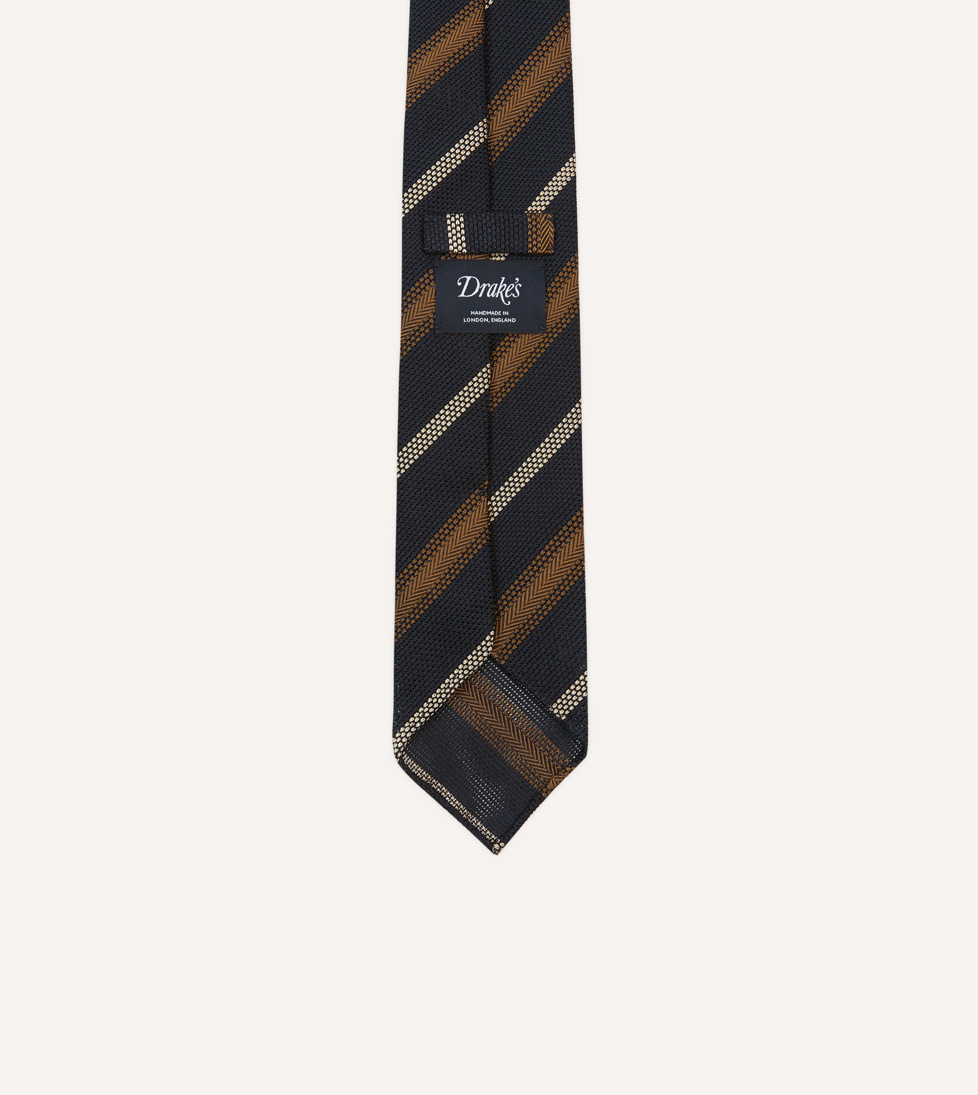 Premium Navy, Gold & Ecru Striped Hand-Rolled Silk Grenadine Necktie for Men - Elegant Business, Wedding & Formal Occasion Accessory