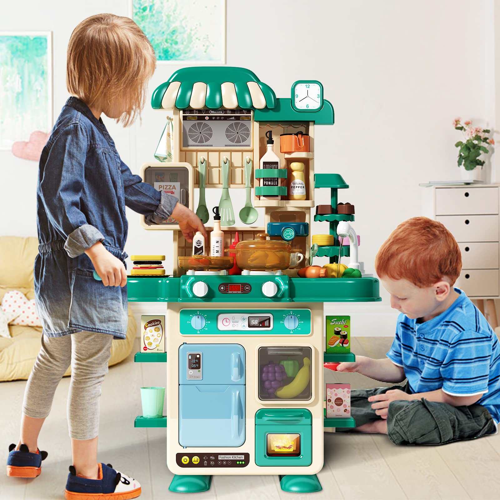 **Deejoy 49-Piece Kids Kitchen Playset with Egg Steamer, Realistic Lights & Sounds, Spray & Sink Simulation – Pretend Play Food Toys for Toddlers (Green) – Perfect for Role-Playing & Early Learning Fun**