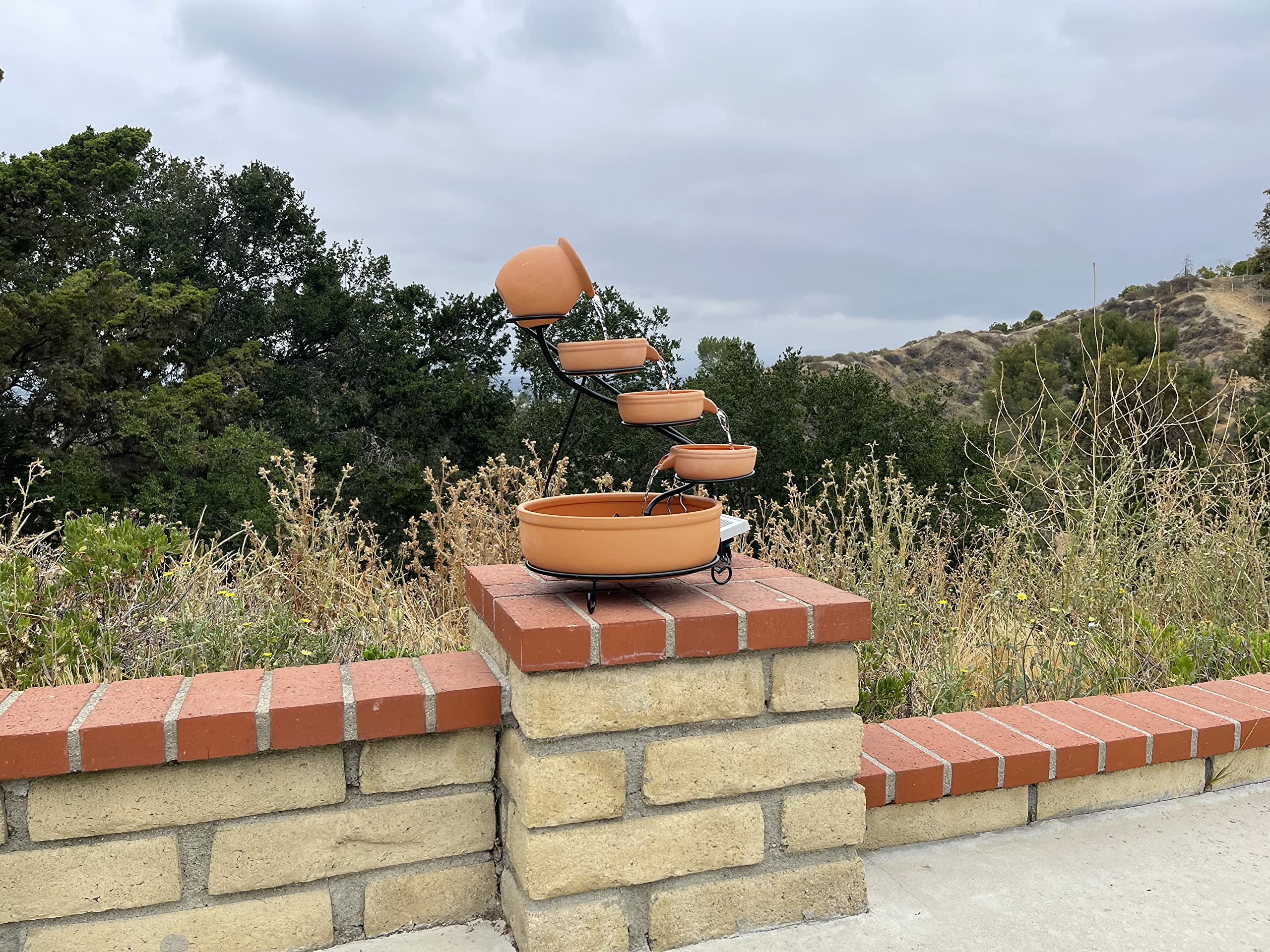 5-Tier Solar Water Fountain with Ceramic Bowls & Iron Frame - Cascading Garden Decoration for Birds - Includes Solar Panel Pump, Battery & LED Lights (Terracotta) | Perfect for Outdoor Patio, Yard Decor & Bird Bathing Spot