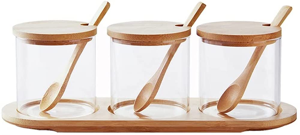 Glass Kitchen Storage Canister Jars with Lids & Spoon - 400ml Airtight Sugar, Salt, MSG & Seasoning Containers - Perfect for Pantry, Countertop & Kitchen Organization