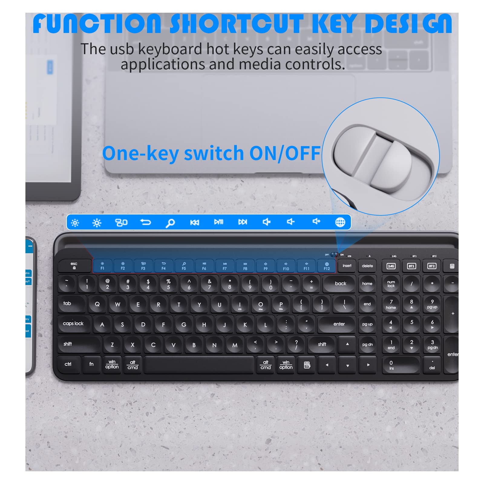 HUOJI Wireless Bluetooth Keyboard with 2.4G Dual Mode - Compatible with iPad, iPhone, Android, Windows PC, MacBook & Smart TV - Seamless 3-Device Switching - Perfect for Home Office, Gaming & Remote Work (Black)