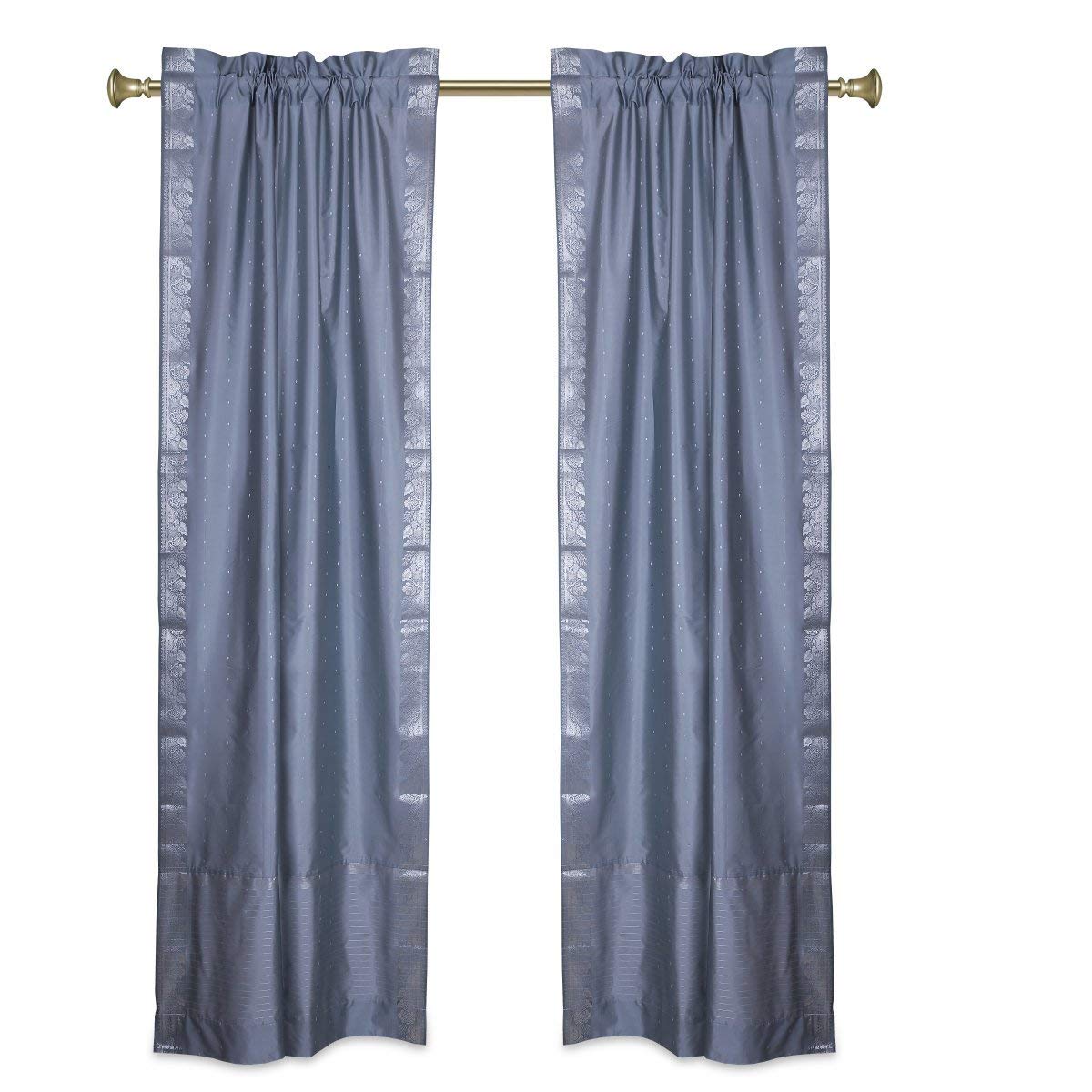 Indian Selections Gray Rod Pocket Sheer Sari Curtains with Silver Border - 60W x 63L Pair - Elegant Window Drapes for Living Room, Bedroom & Dining Room Decor