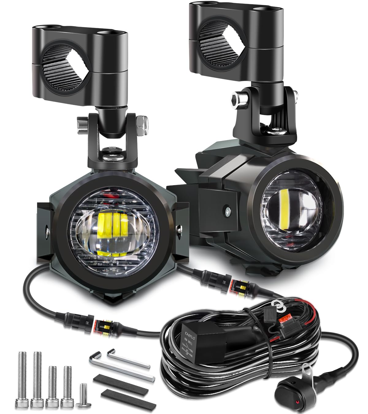 LED Motorcycle Auxiliary Lights Kit - White Spot Driving Fog Lights with Switch, Wiring Harness & Clamp Mount Brackets for BMW R1200GS, K1600, ADV & Adventure Touring Bikes - Perfect for Night Riding & Off-Road Adventures