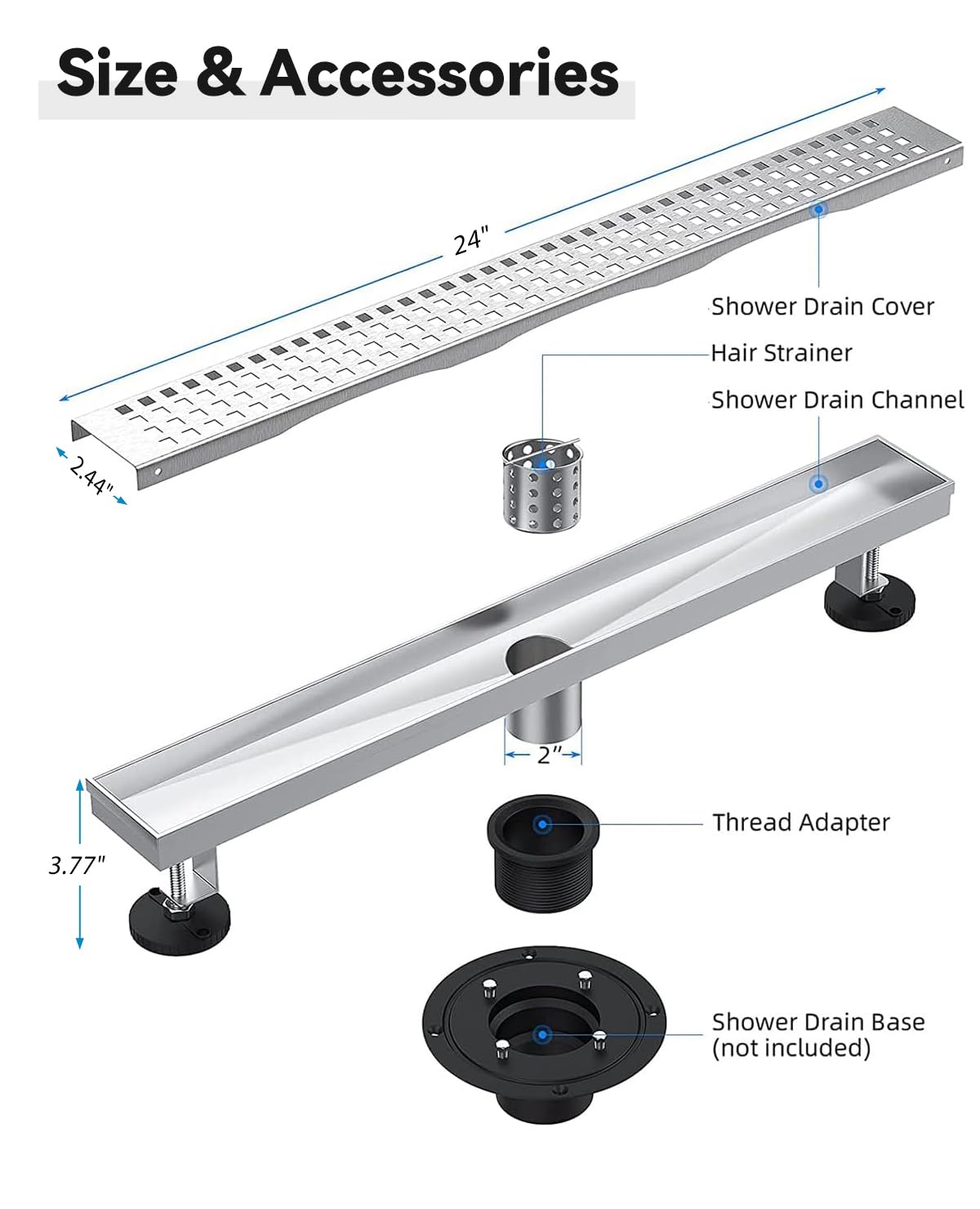 24 Inch Brushed Nickel Linear Shower Drain - 304 Stainless Steel Modern Shower Floor Drain with Removable Grate & Adjustable Leveling Feet - Perfect for Bathroom Renovation & Walk-In Showers