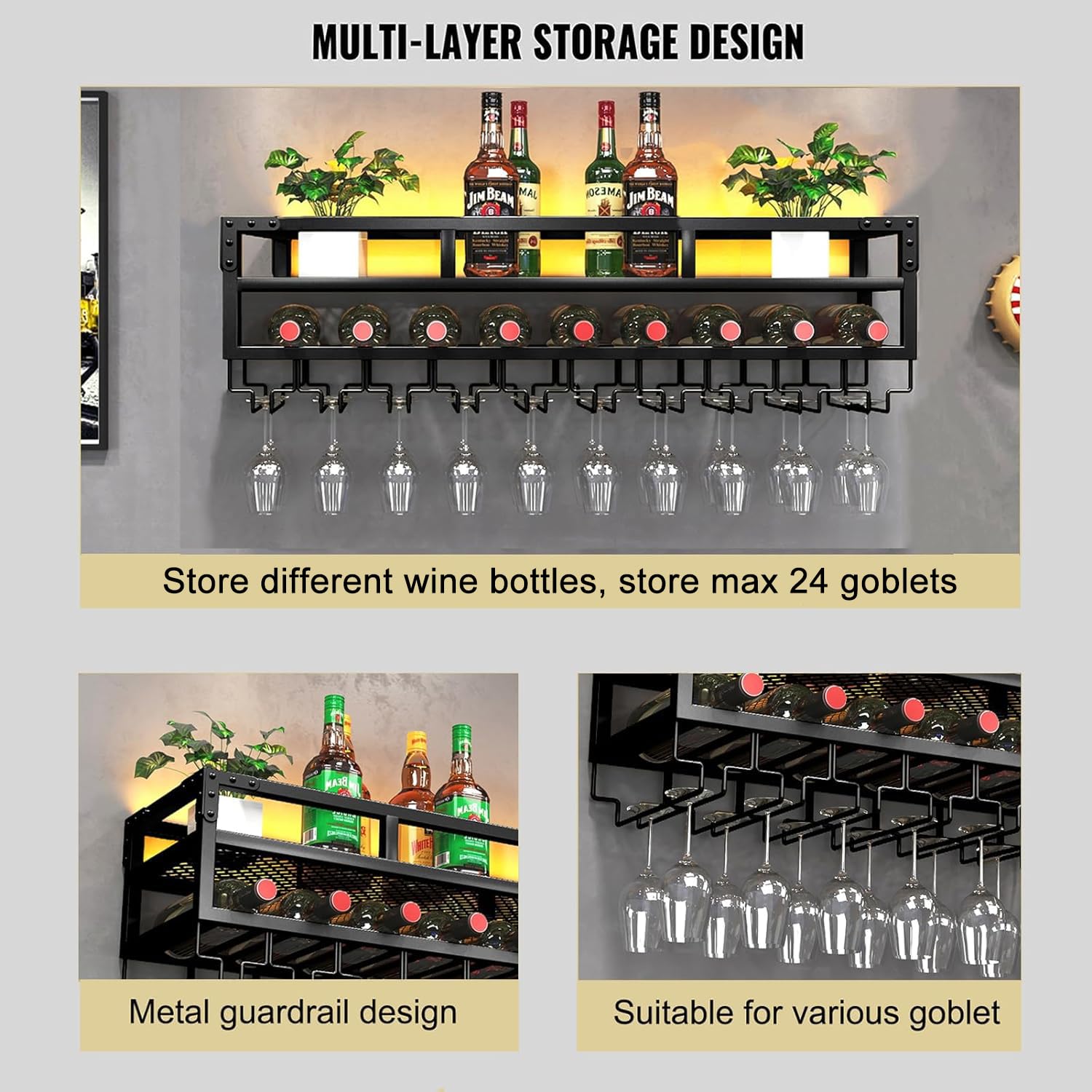 Pengfei LED Wall Mounted Wine Rack - Industrial Metal Wine Shelf with Glass Holder, Large Floating Shelves for Wine Bottle Storage - Perfect for Home Bar, Dining Room Decor & Kitchen Display