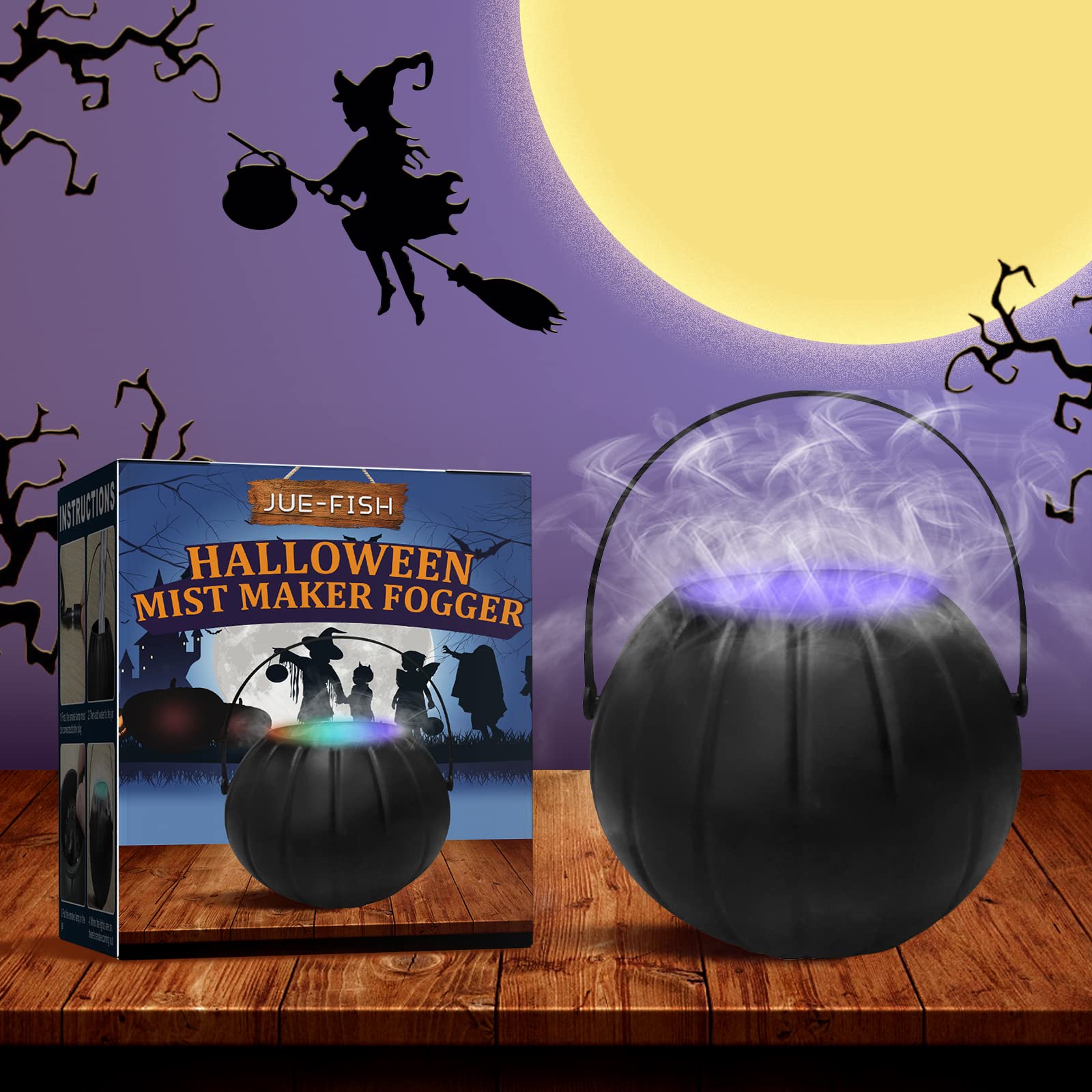 Halloween Witch Cauldron Fog Machine with 12 Color LED Lights - ABS Black Witch Jar Mist Maker for Spooky Party Decorations - Perfect for Halloween Decor, Haunted House Parties & Themed Events