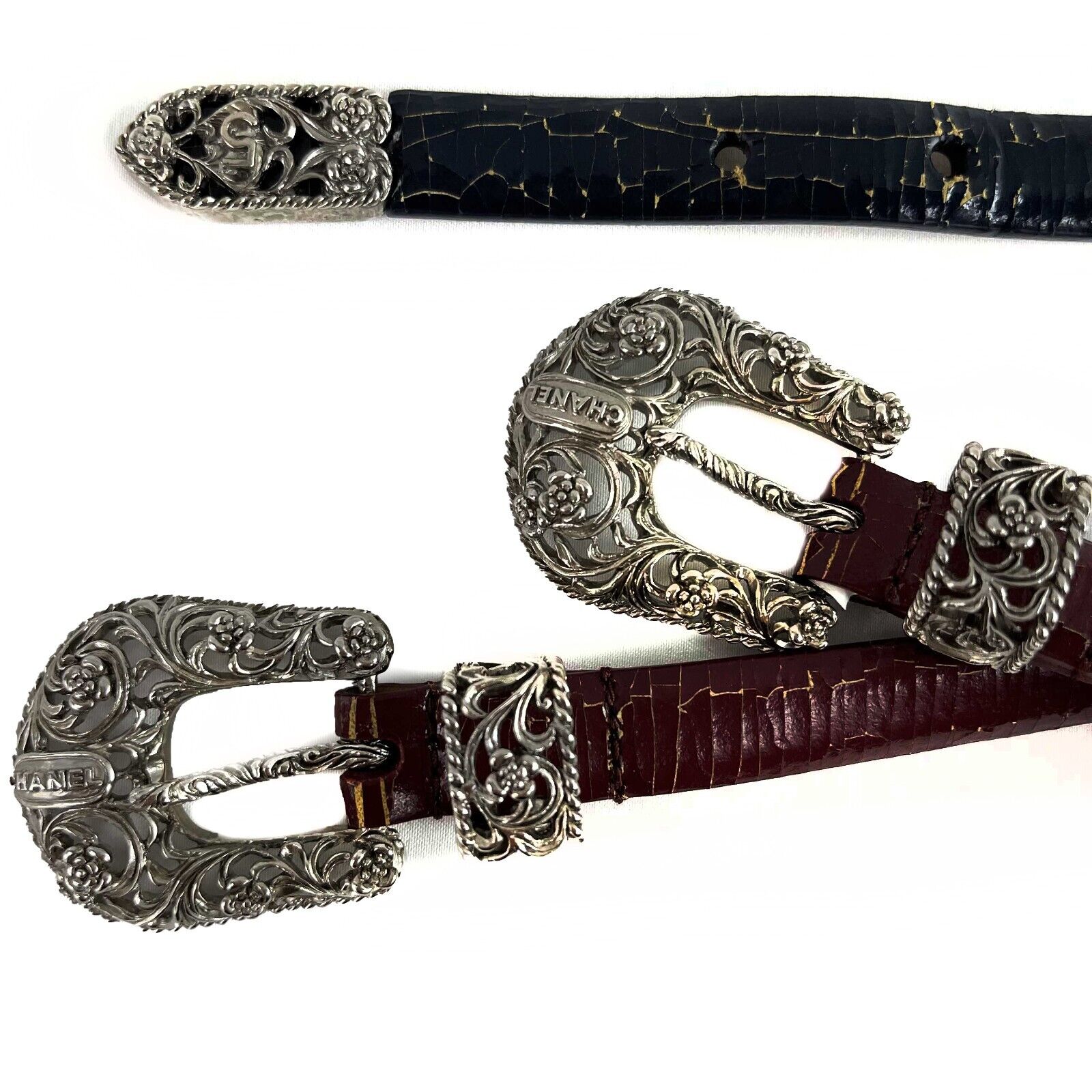 CHANEL B14A Dallas Double Buckle Leather Belt - Black & Burgundy Red, Size 90/36 | Luxury Fashion Accessory for Women, Perfect for Jeans, Dresses & Office Outfits