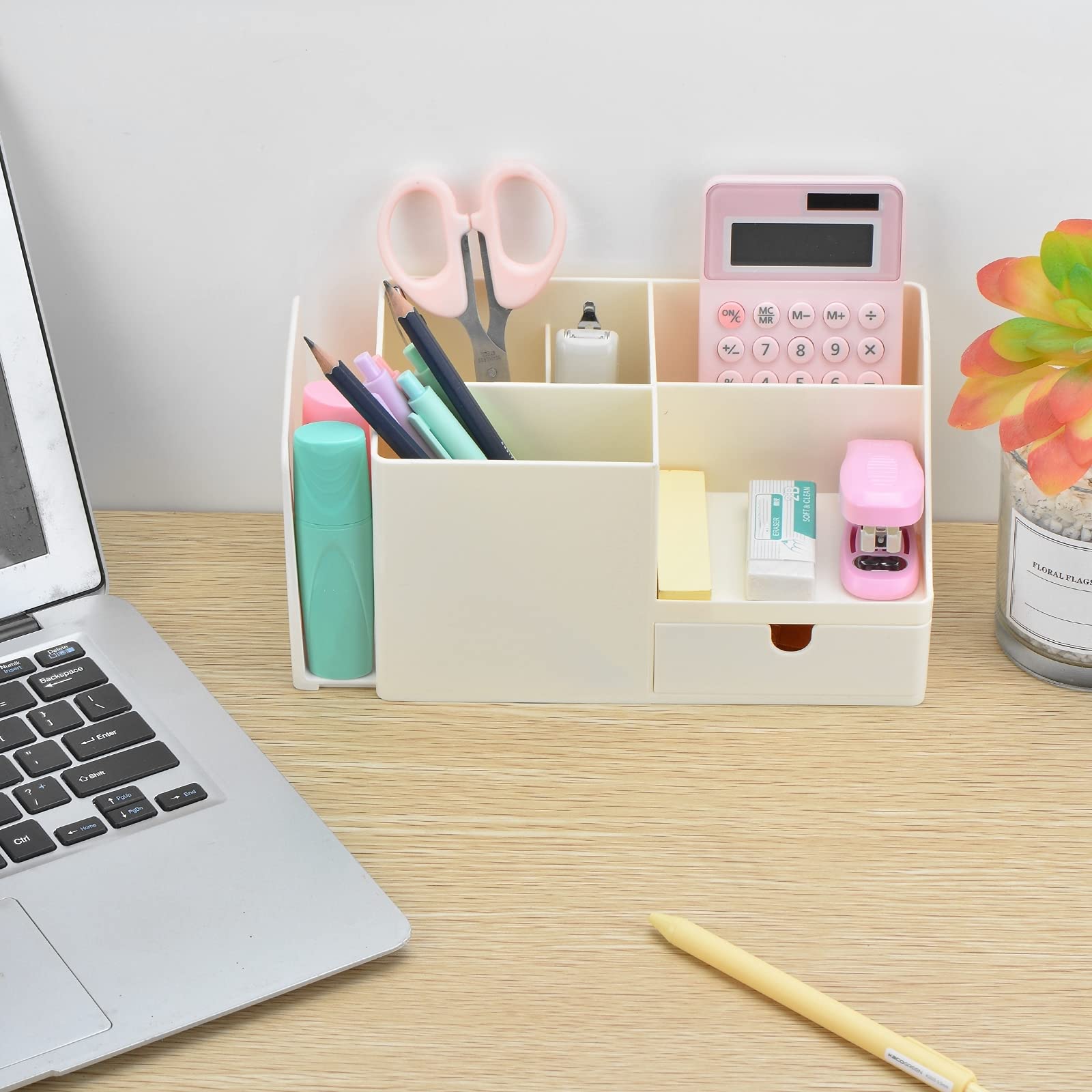 White Multifunctional Desk Organizer with Bookshelf & Drawer - Office Stationery Storage, Makeup Organizer, Bookends - Perfect for Home Office, Study Desk, and Beauty Vanity (Small, Beige)