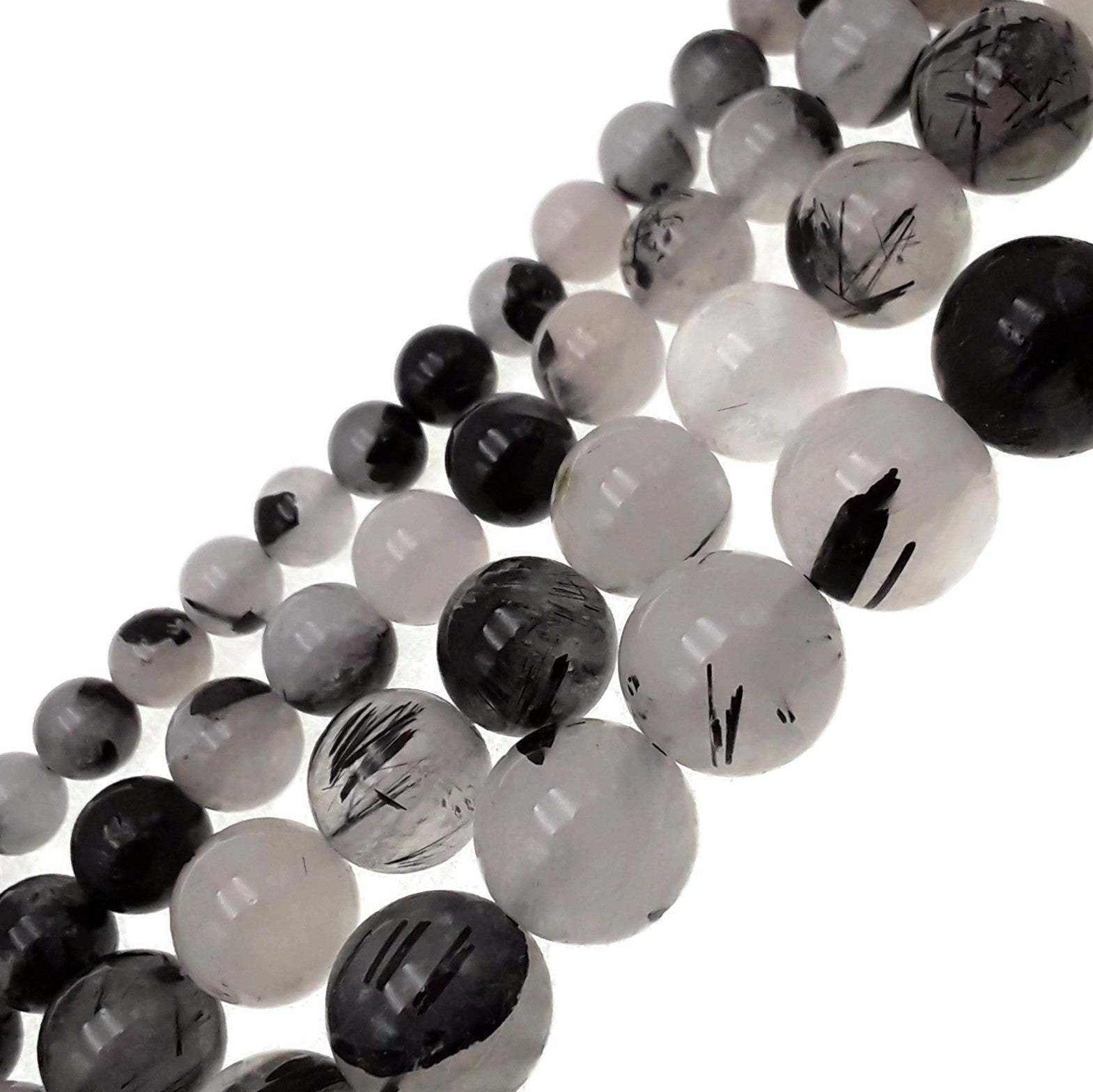 Black Tourmalinated Quartz Beads - Smooth Round Gemstone Beads 4mm to 15.5mm for Jewelry Making, DIY Bracelets & Necklaces - Healing Crystal Bead Strand for Energy Protection & Spiritual Wellness