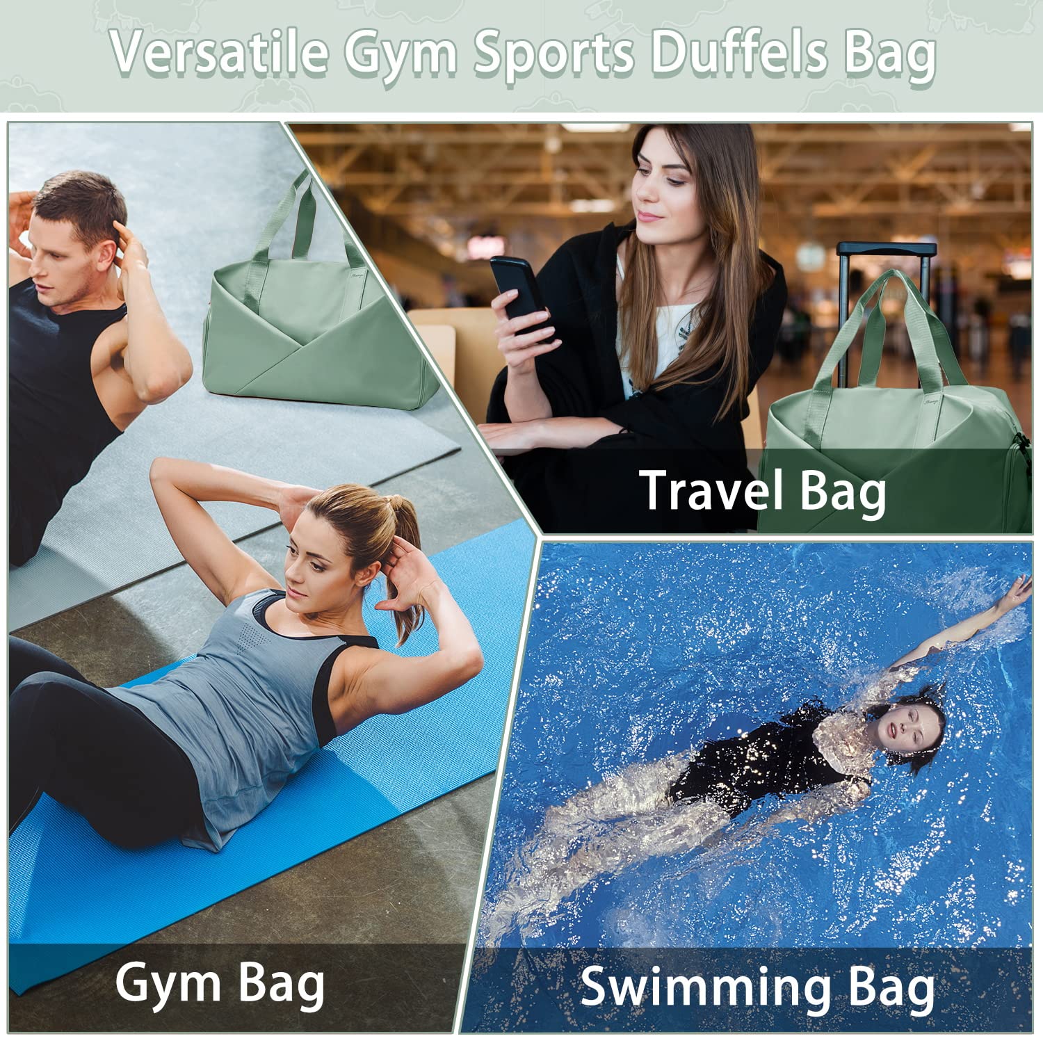 KKUYT 35L Waterproof Gym & Travel Duffel Bag for Women & Men - Dry/Wet Separated Compartments, Shoe Pocket - Perfect for Sports, Airplane Carry-On & Weekend Trips (Green)