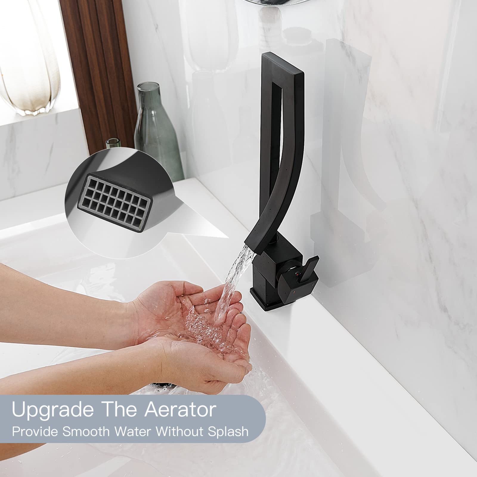Modern Matte Black Single Handle Waterfall Bathroom Faucet - 1 Hole Brass Sink Faucet with Supply Lines - Commercial & Home Vanity Lavatory Mixer Tap - Perfect for Bathroom, Powder Room, and Guest Washroom Upgrades