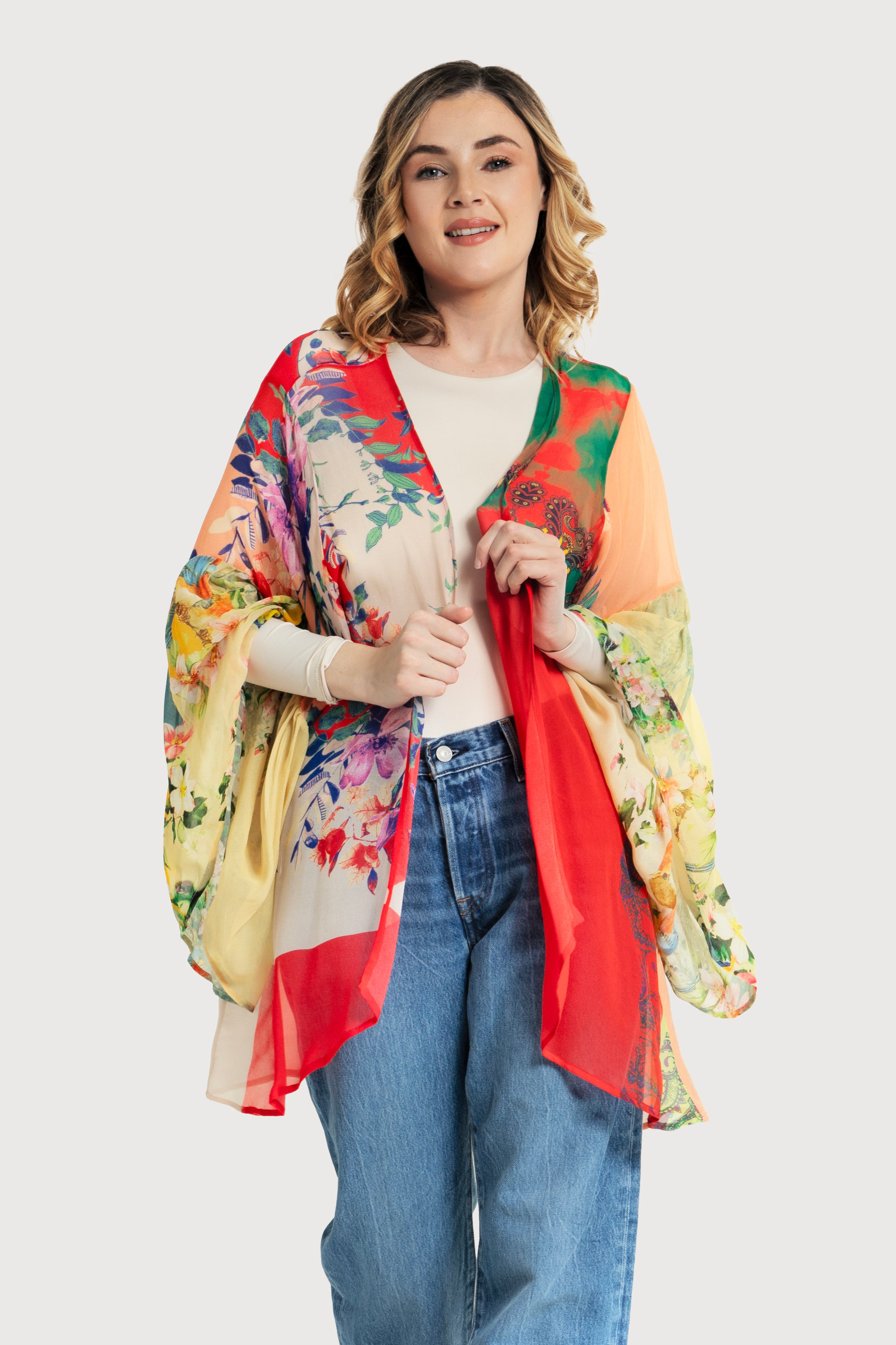 Mystical Garden Ruffle Sleeve Kimono - Floral Print Boho Cover Up for Women - Perfect for Beach, Pool, or Summer Outfits