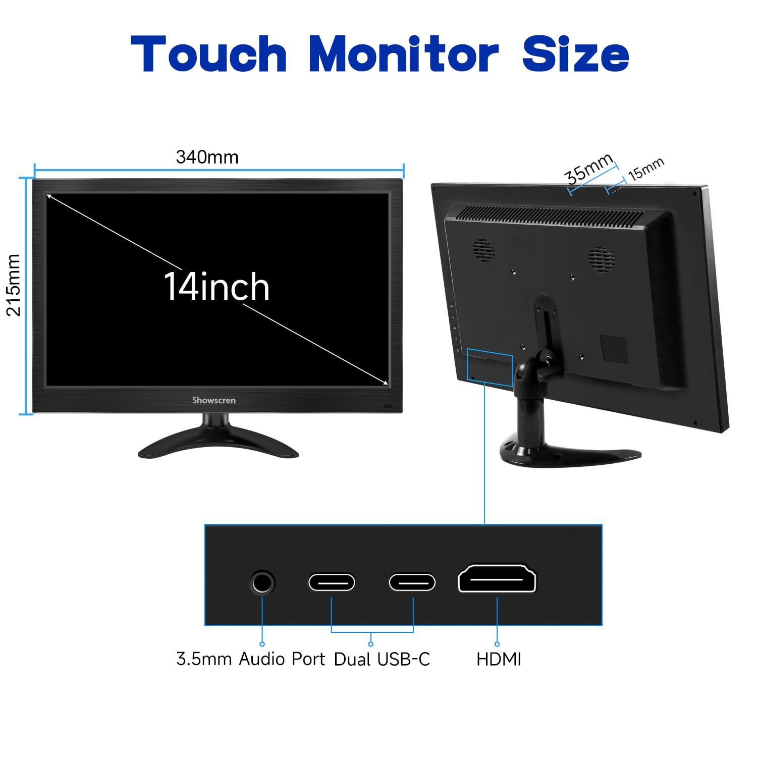 14 Inch Portable Touchscreen Monitor - FHD 1080P HDR Display, 100% sRGB, HDMI/USB-C Connectivity, Built-in Speakers & Adjustable Stand | Perfect for Remote Work, Gaming, and Mobile Office with PC/Laptop/Smartphone