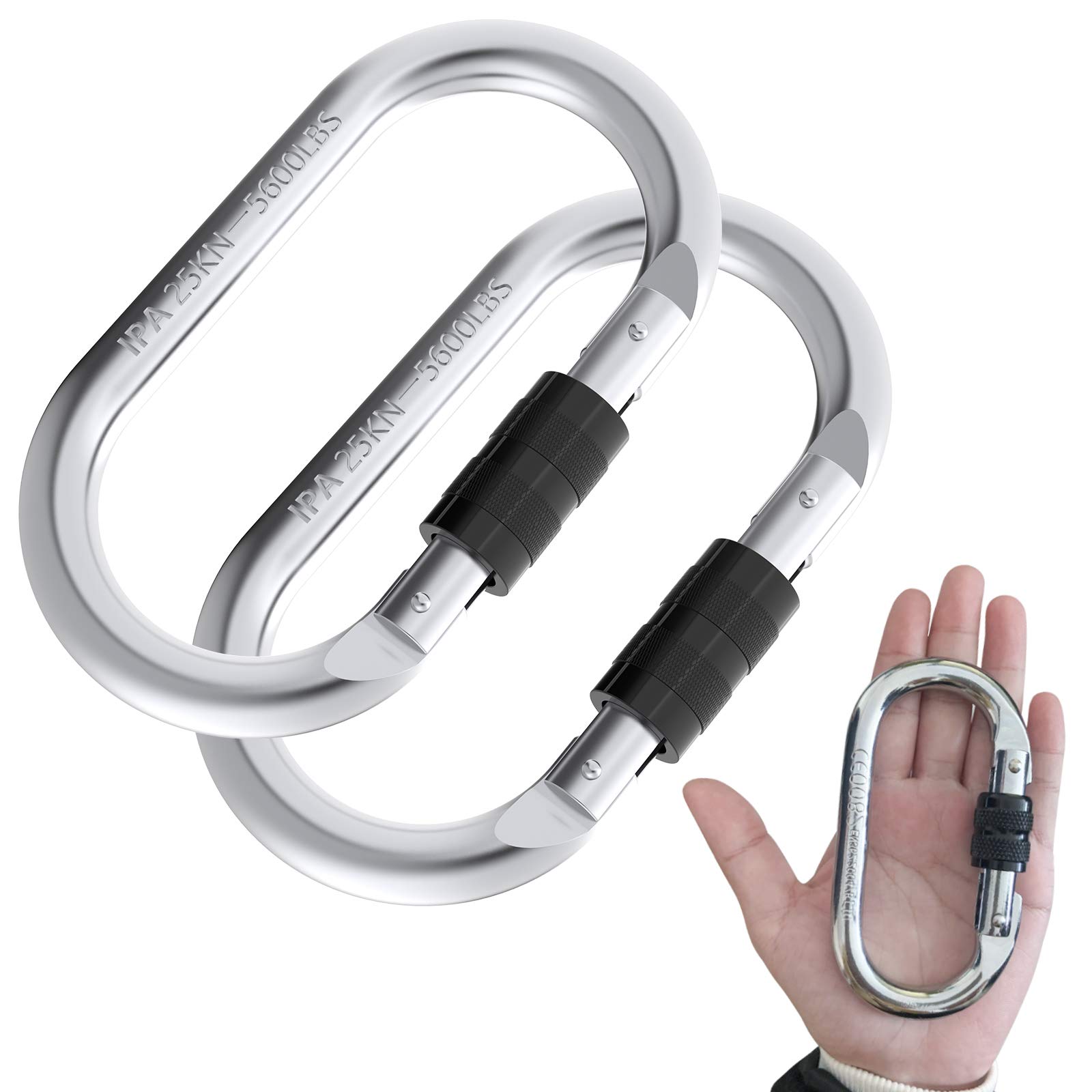 Heavy Duty 25kN (5600lbs) Climbing Carabiner Clips - 2 Pack Multipurpose Carabiners for Rigging, Ropes, Hammocks, Outdoor Gear - Not for Pull-up Bars | Perfect for Camping, Hiking & Rock Climbing Adventures
