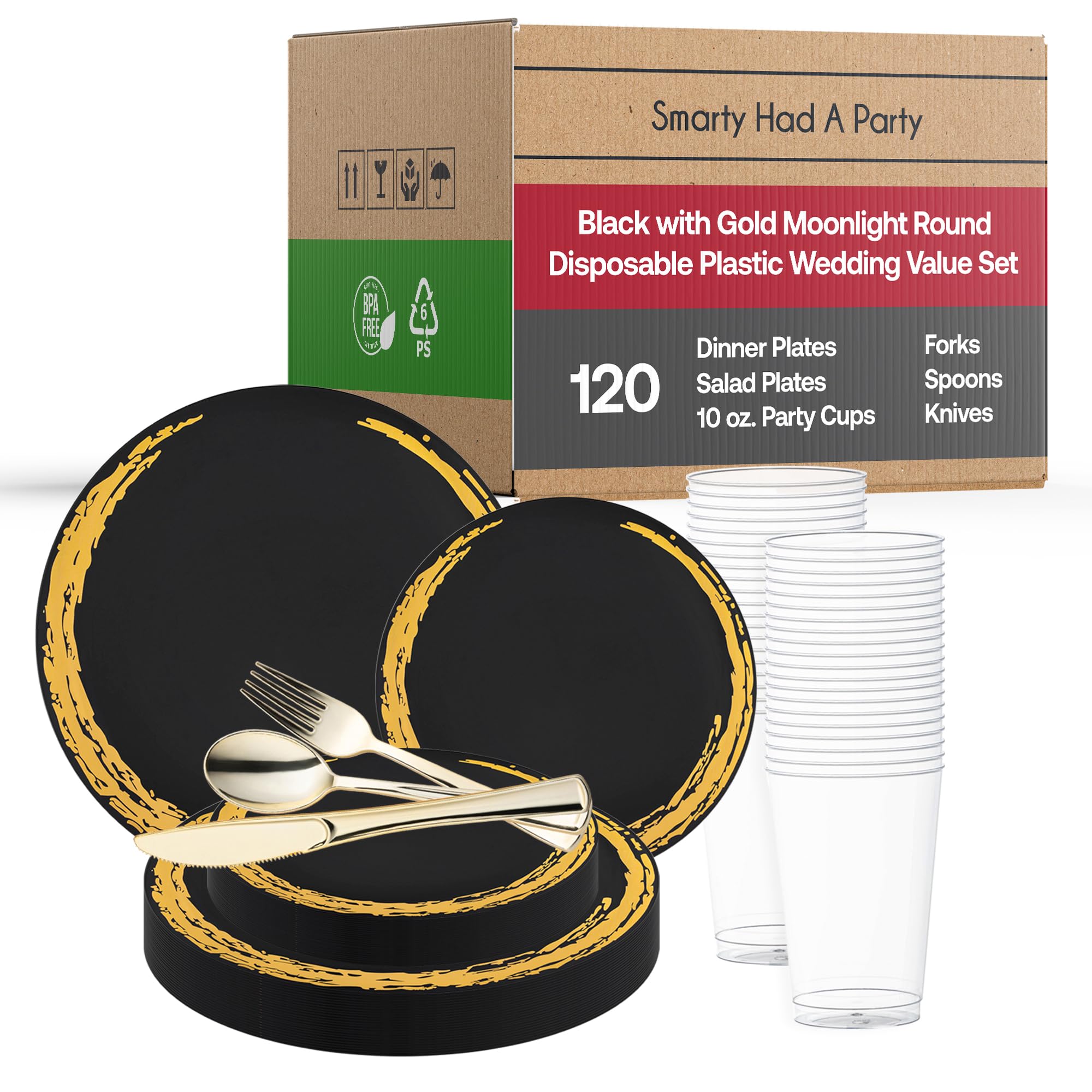 Smarty Had A Party Disposable Plastic Plates - Elegant Moonlight Design Dinnerware Set for Weddings, Birthdays & Special Events (Black & Gold, 120-Piece Wedding Value Pack) - Perfect for Wedding Receptions, Birthday Parties, Anniversary Celebrations & Formal Gatherings
