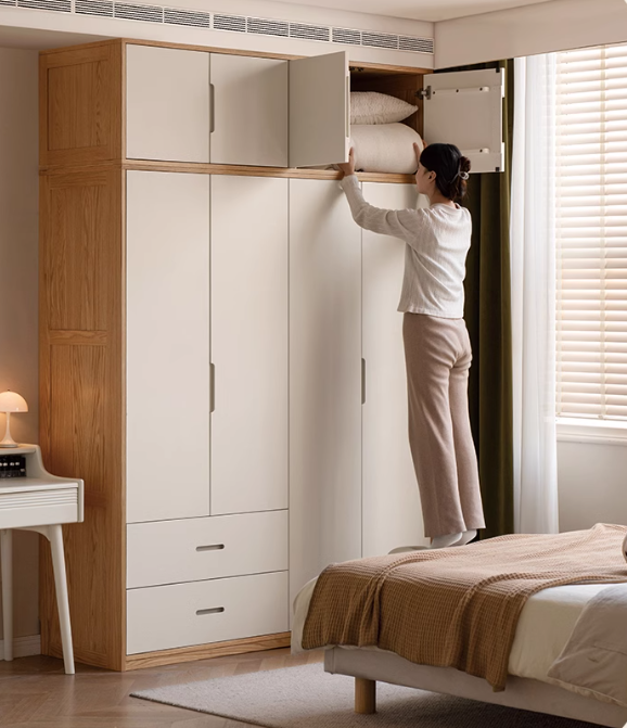 Solid Oak Wood Wardrobe & Floor Cabinet Set - Durable Storage for Bedroom, Closet, and Living Room Organization