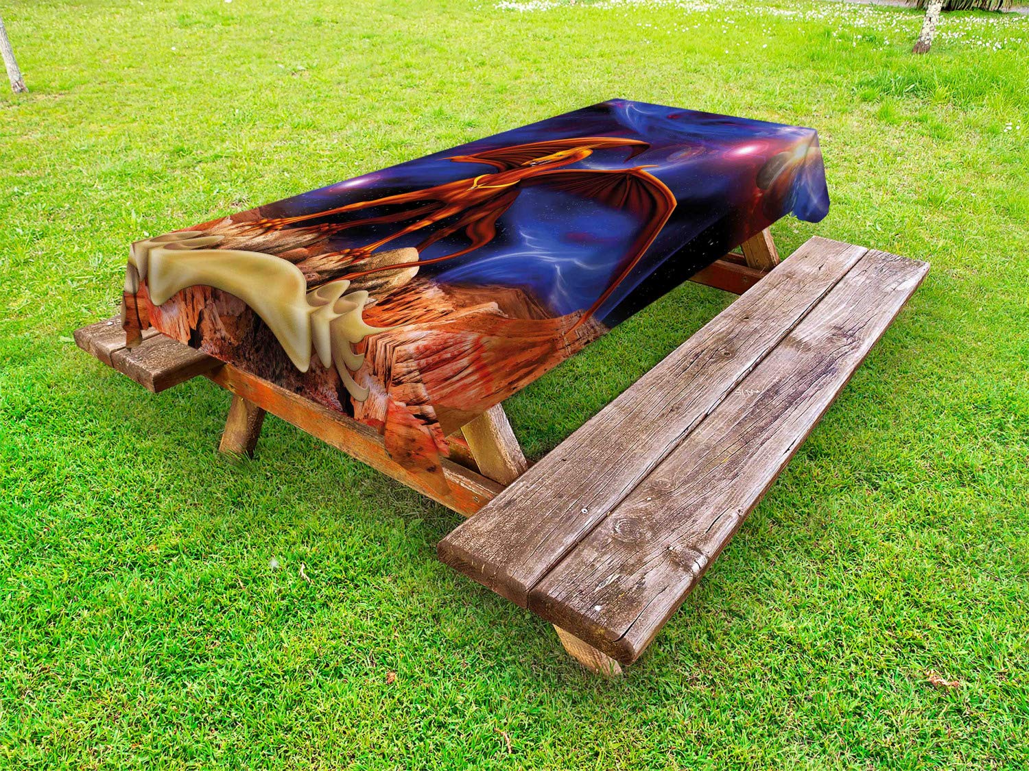 Ambesonne Dragon Tablecloth - Fantasy Knight vs Galaxy Space Design, Washable Outdoor Picnic Table Cover 58x84 Inches, Blue Cinnamon - Perfect for Garden Parties, BBQs, and Themed Events