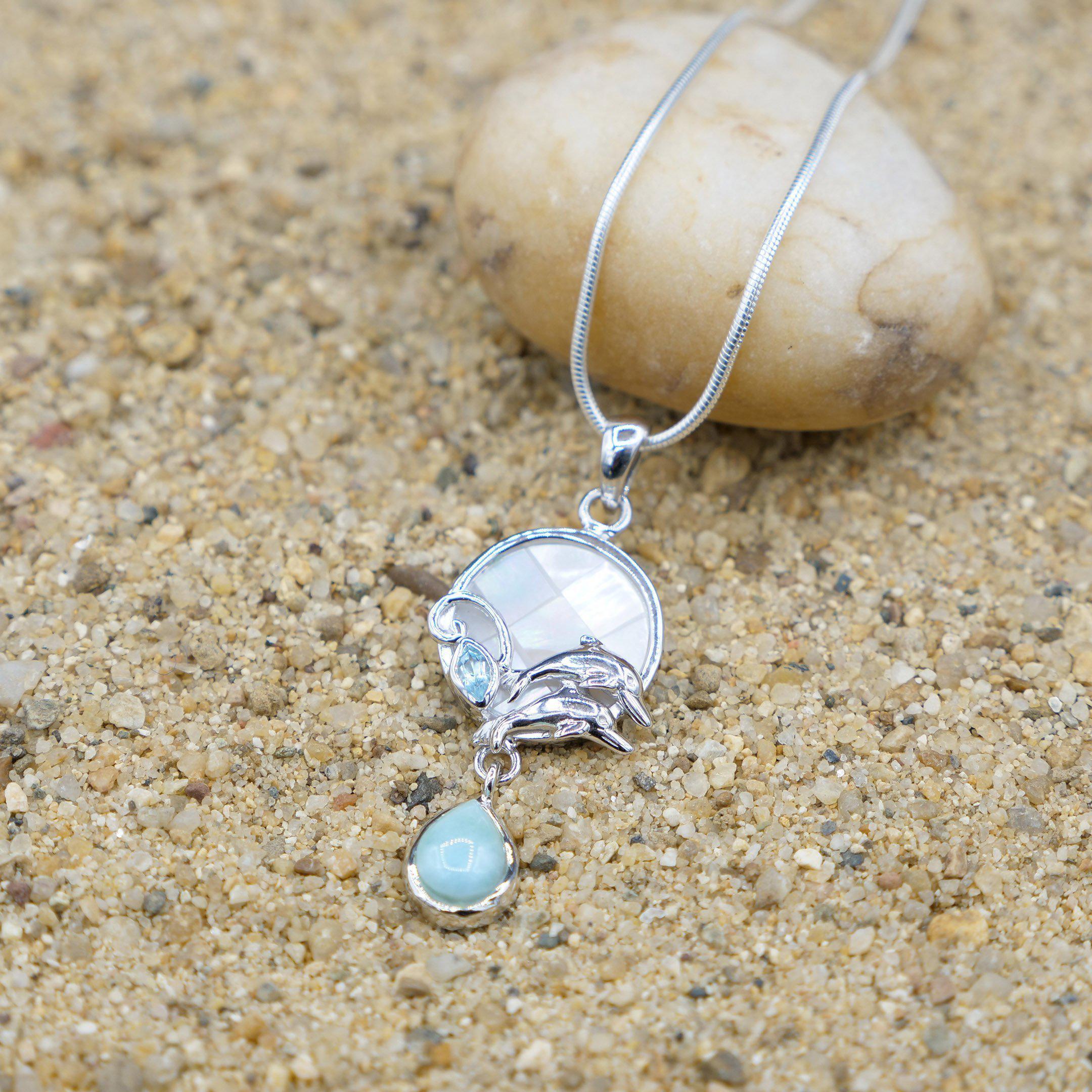 Blue Topaz Dolphins Pendant Necklace with Mother of Pearl & Larimar Stone - Elegant Ocean-Inspired Jewelry for Beach Vacations & Summer Outfits