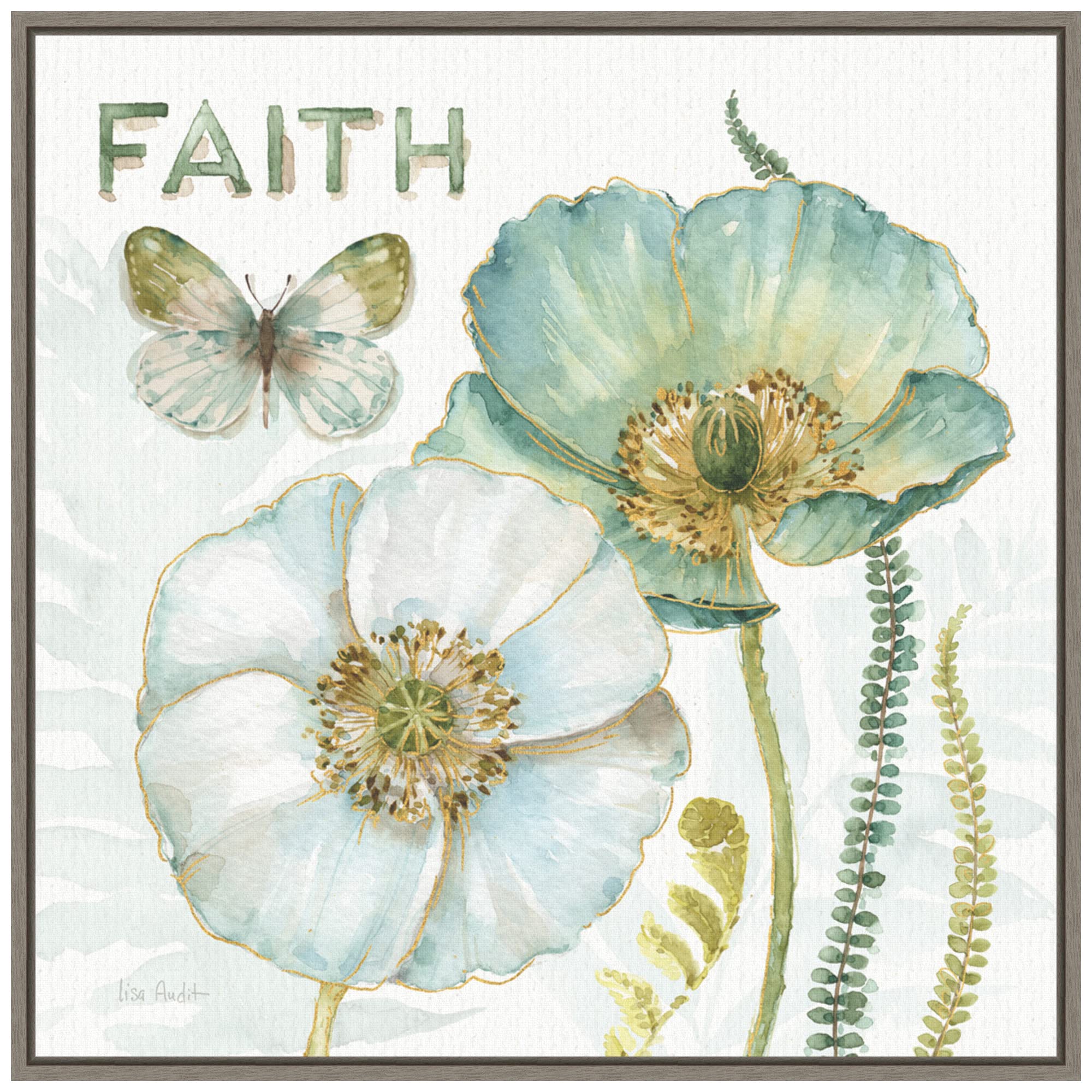 Amanti Art Framed Canvas Wall Art - 'My Greenhouse Flowers Faith' by Lisa Audit, 22x22 Inches, Sylvie Greywash Frame - Floral Home Decor for Living Room, Bedroom & Office