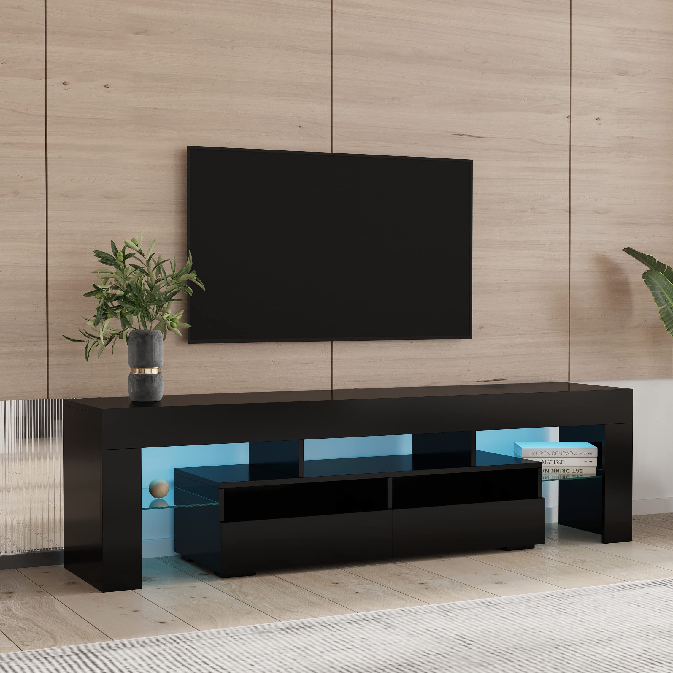 Modern TV Stand with 2 Drawers & 2 Open Shelves - 20-Color RGB LED Lighting with Remote Control - Black Entertainment Center for Living Room, Bedroom & Home Theater Setup