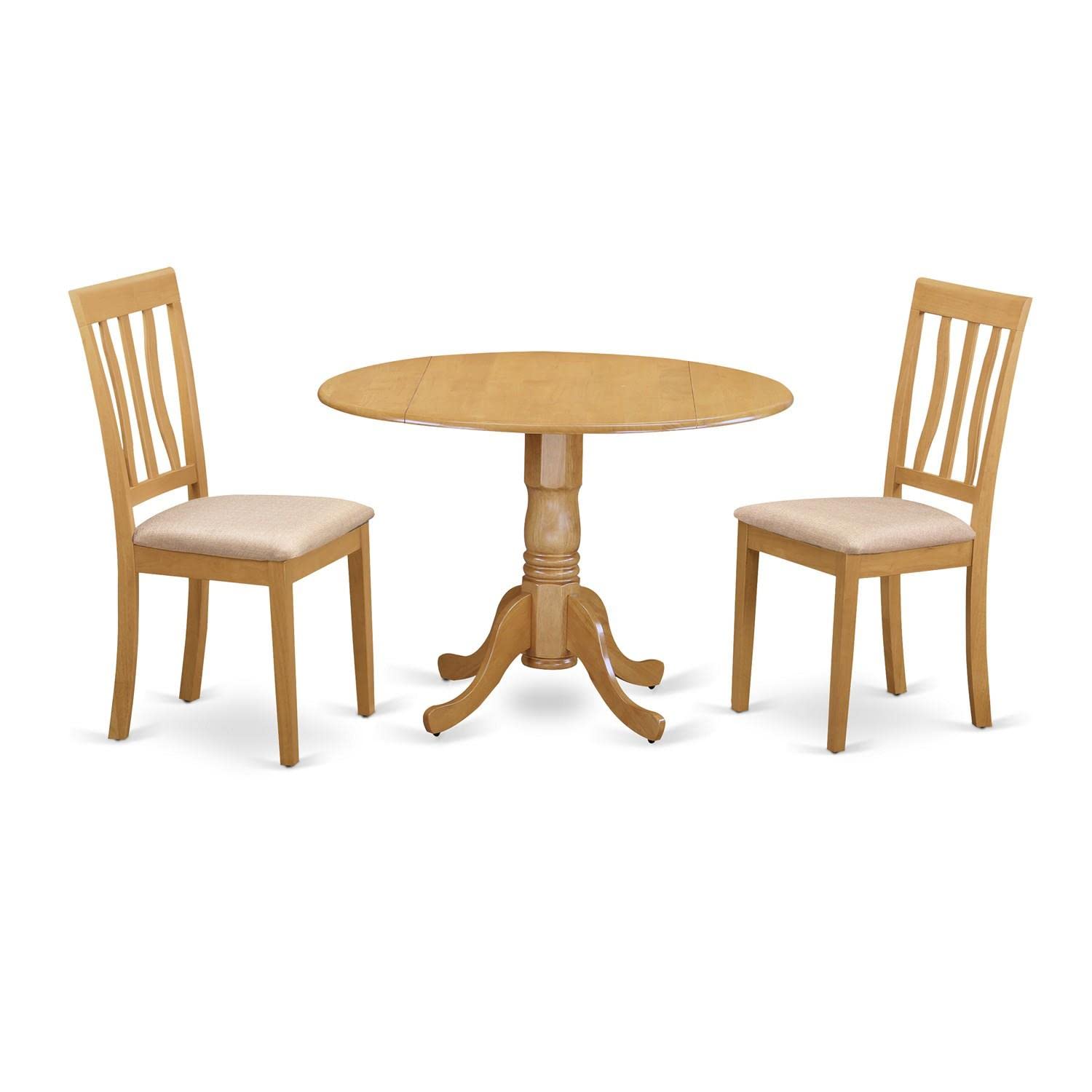 East West Furniture DLAN3-OAK-C 3-Piece Round Kitchen Table Set with Drop Leaf & 2 Upholstered Dining Chairs, 42x42 Inch, Oak - Perfect for Small Spaces, Breakfast Nooks & Cozy Dining Rooms