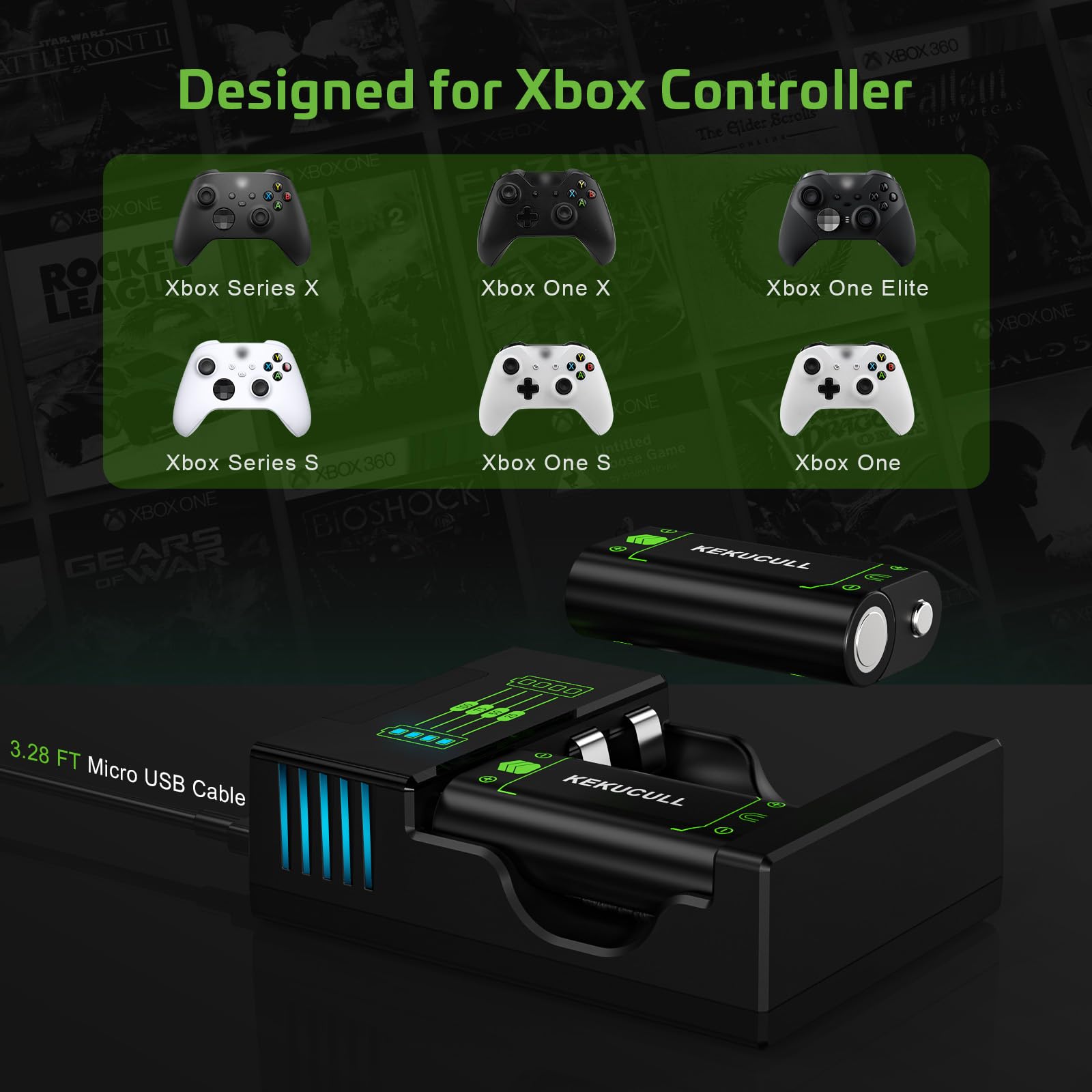 Xbox Series X|S & Xbox One Controller Charging Station with 2x2500mAh Rechargeable Battery Packs - Fast Charger Dock for Wireless Controllers - Perfect for Gaming Sessions & Multiplayer Setups