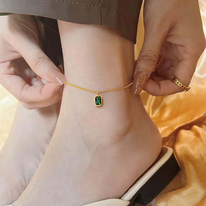 Vintage Titanium Green Crystal Waterproof Ankle Bracelet for Women | Adjustable Chain Anklet | Perfect for Beach, Swimming & Everyday Wear | TB8550