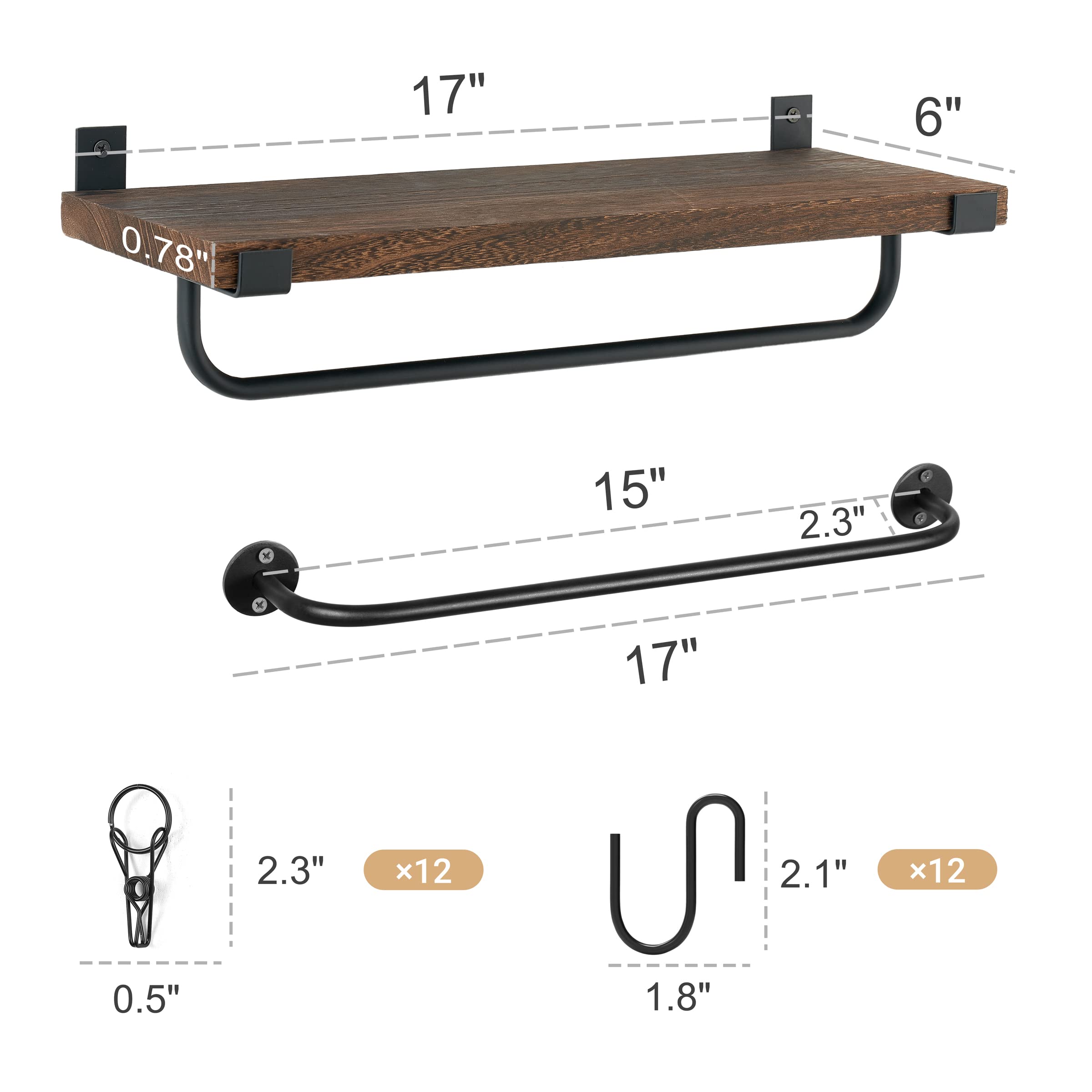 Wall Mounted Wooden Hat Rack with Shelf - 12 Hooks & 12 Clips for Baseball Caps, Cowboy Hats & Accessories Storage - Space Saving Organizer for Closet, Bedroom or Entryway - Durable Metal Hanger for Stylish Hat Display