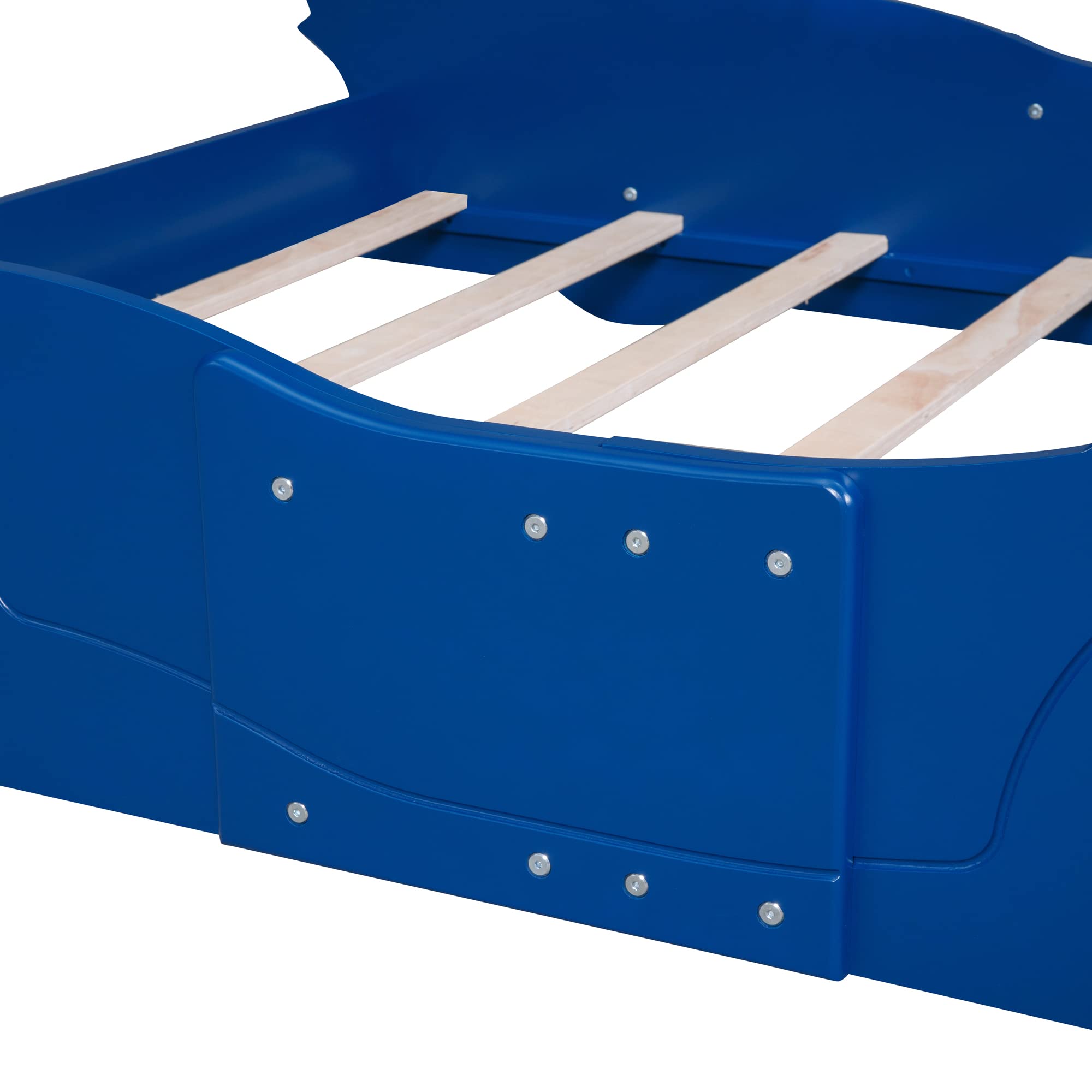 Full Size Race Car Bed for Boys - Wooden Car-Shaped Bed Frame with Wheels & Slat Support - Blue Kids Bedroom Furniture for Playrooms & Sleepovers