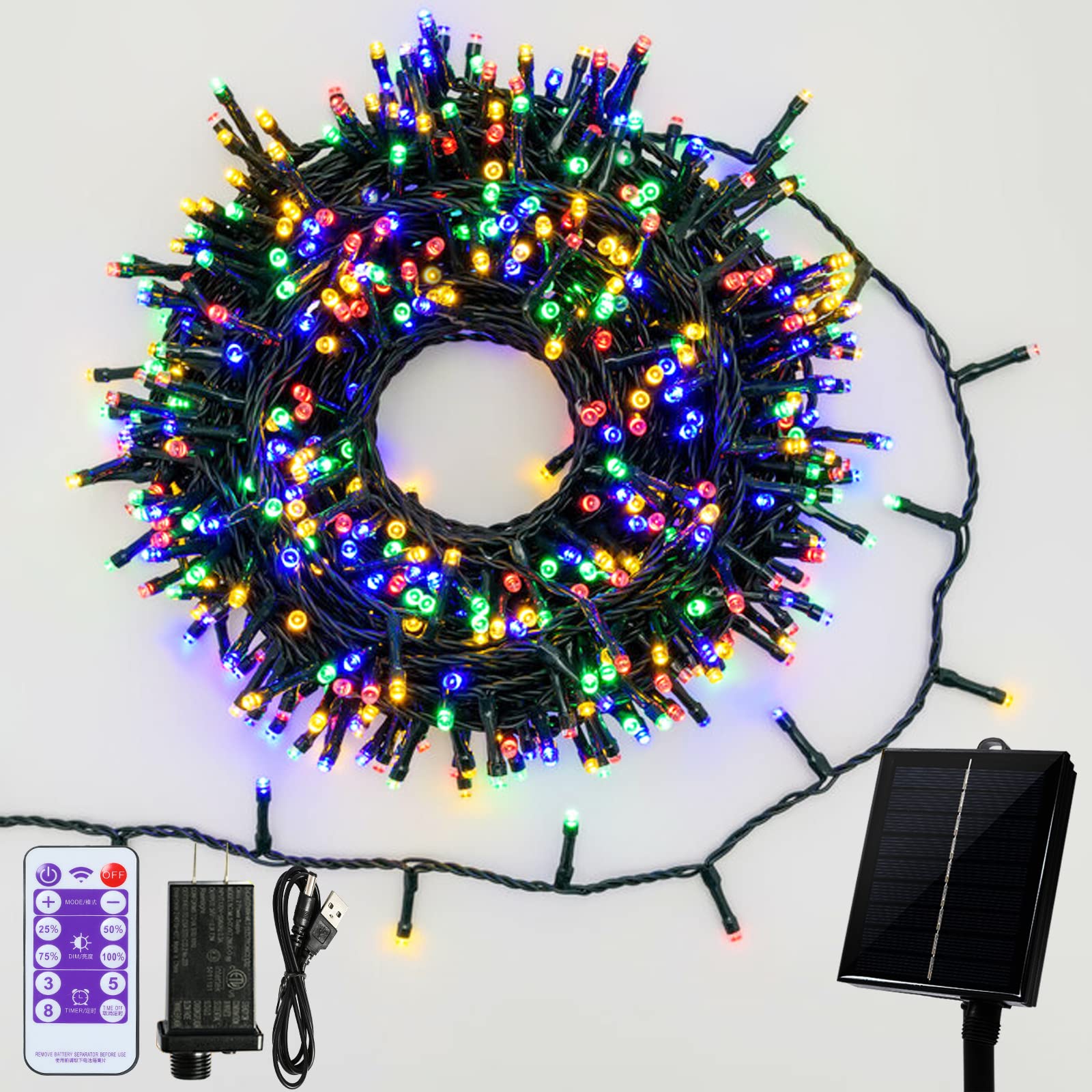 500 LED Solar String Lights - 173 FT Super Long Outdoor Christmas Lights with Remote & 8 Modes, Waterproof Plug-in Indoor/Outdoor Holiday Decor for Garden, Patio, Party, Christmas Tree (Multicolor) - Perfect for Holiday Decorations, Wedding, Backyard, and Festive Events