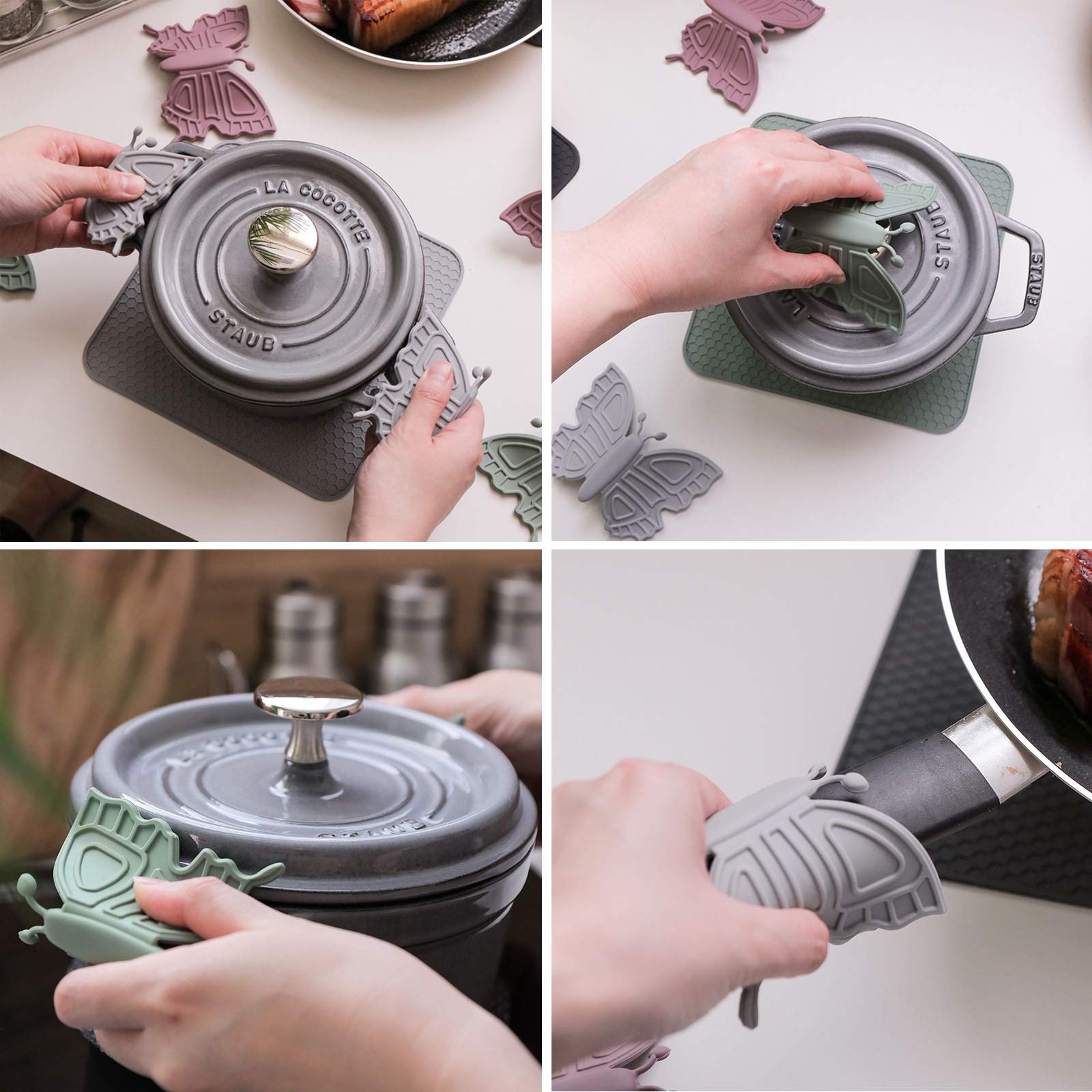 Butterfly Design Silicone Pot Holder Set of 2 - Heat Resistant, Magnetic Lid Lifter, Oven Mitts for Kitchen - Gray (Perfect for Cooking, Baking & Grilling)