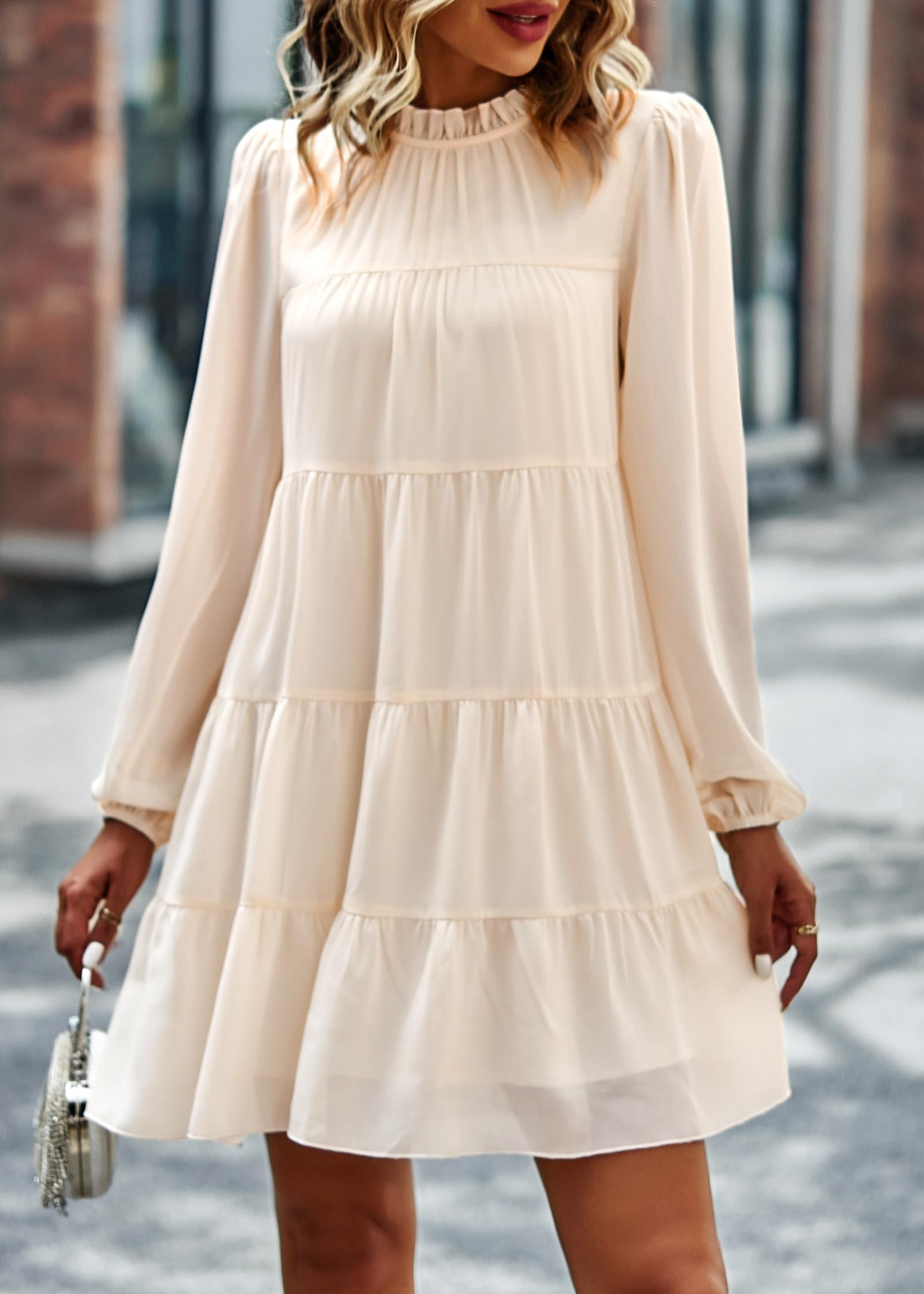 KIRUNDO Women's Spring Dresses 2025 - Long Sleeve Ruffle Mock Neck Tiered Mini Babydoll Dress | Flowy Swing Tunic Shift Dress for Casual Wear | Perfect for Brunch, Date Night & Spring Outings