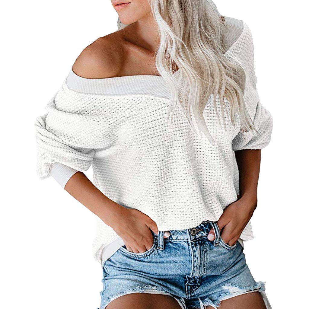 WOCACHI Women's Off Shoulder V-Neck Pullover Sweater - Solid Color Waffle Knit Long Sleeve Loose Jumper Top for Casual Wear, Date Night & Fall Outfits