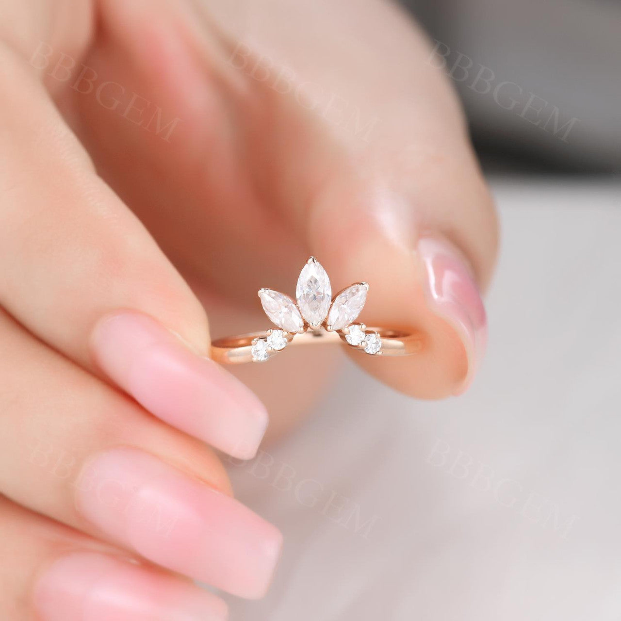 18K Rose Gold Three Stone Graduated Marquise & Round Moissanite Diamond Curve Band Ring | Elegant Wedding, Engagement, Anniversary Jewelry Gift for Women