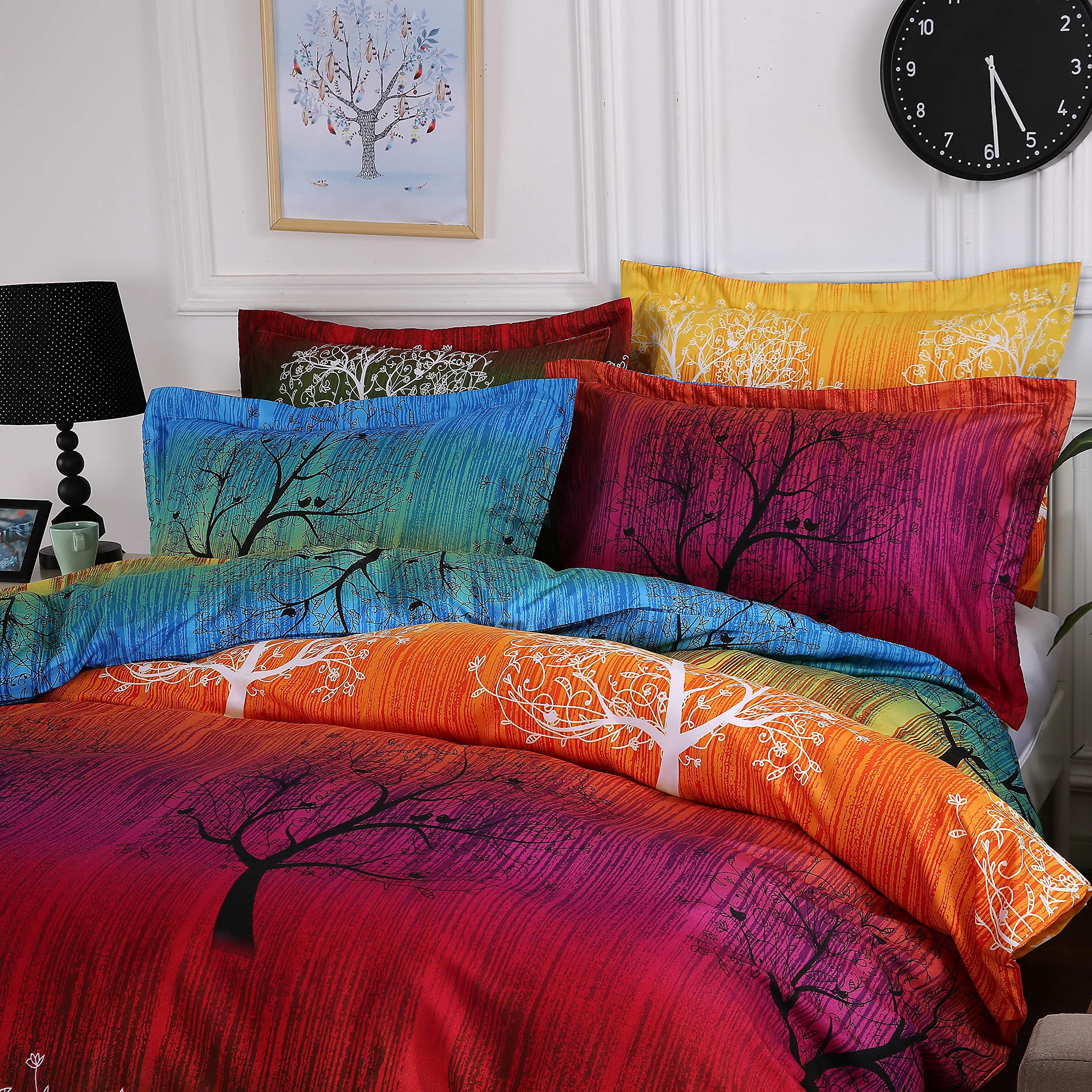 Rainbow Tree Pillow Shams Queen Size - Green Botanical Print Decorative Pillowcases for Bedroom, Living Room & Dorm Decor