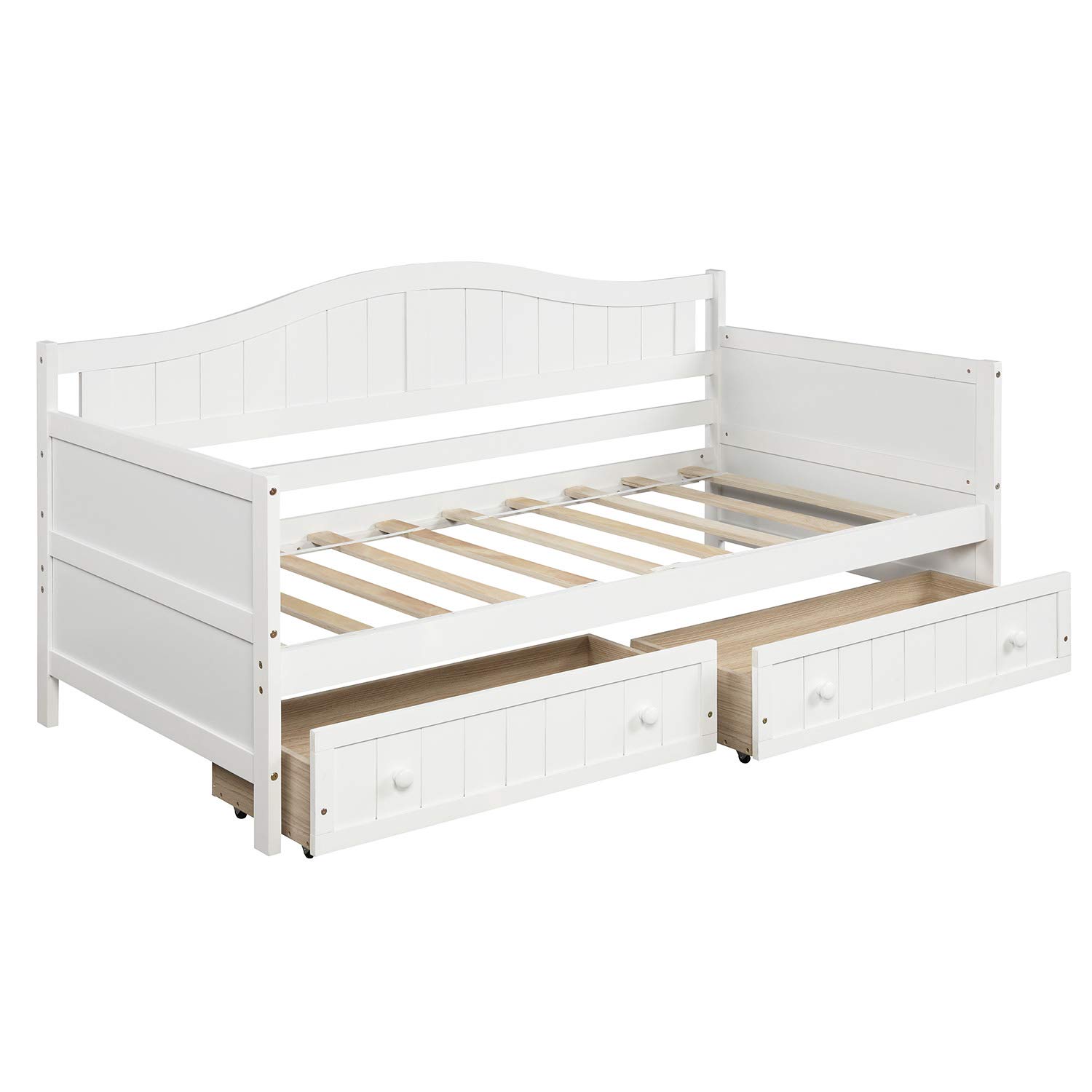 Twin Size Solid Wood Captain's Daybed with 2 Drawers - No Box Spring Needed - White Wooden Sofa Bed for Bedroom, Living Room & Guest Room - Perfect for Small Spaces, Sleepovers & Multi-Functional Furniture Needs