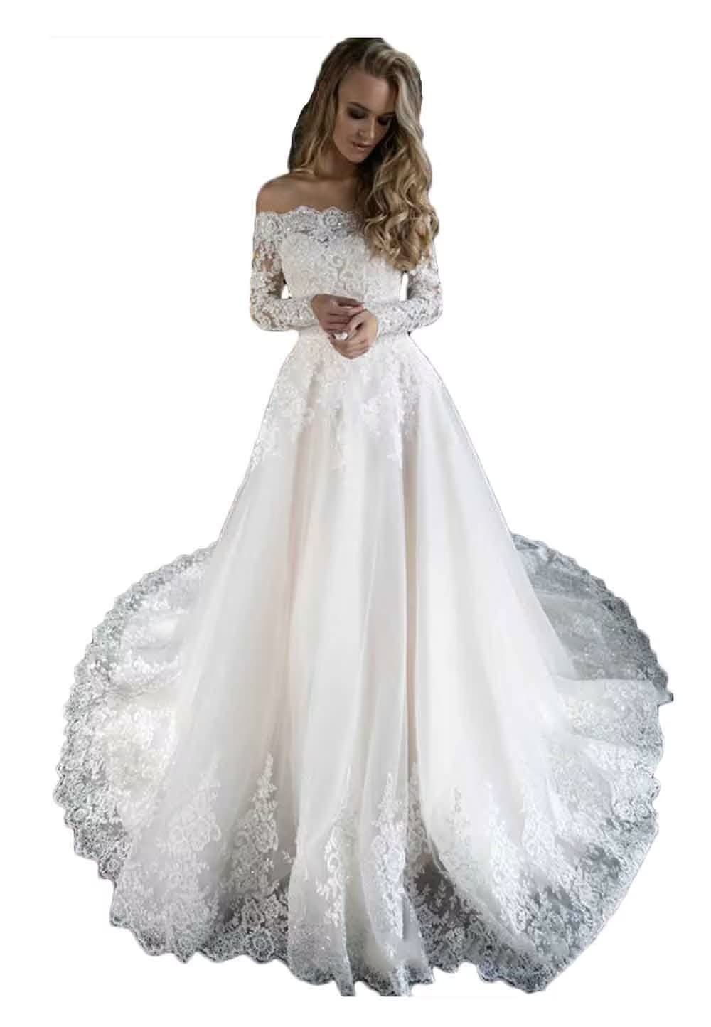Off Shoulder Long Sleeve Beaded Lace Wedding Dress for Bride - Elegant A-Line Bridal Gown for Women | Perfect for Church, Beach, and Garden Weddings