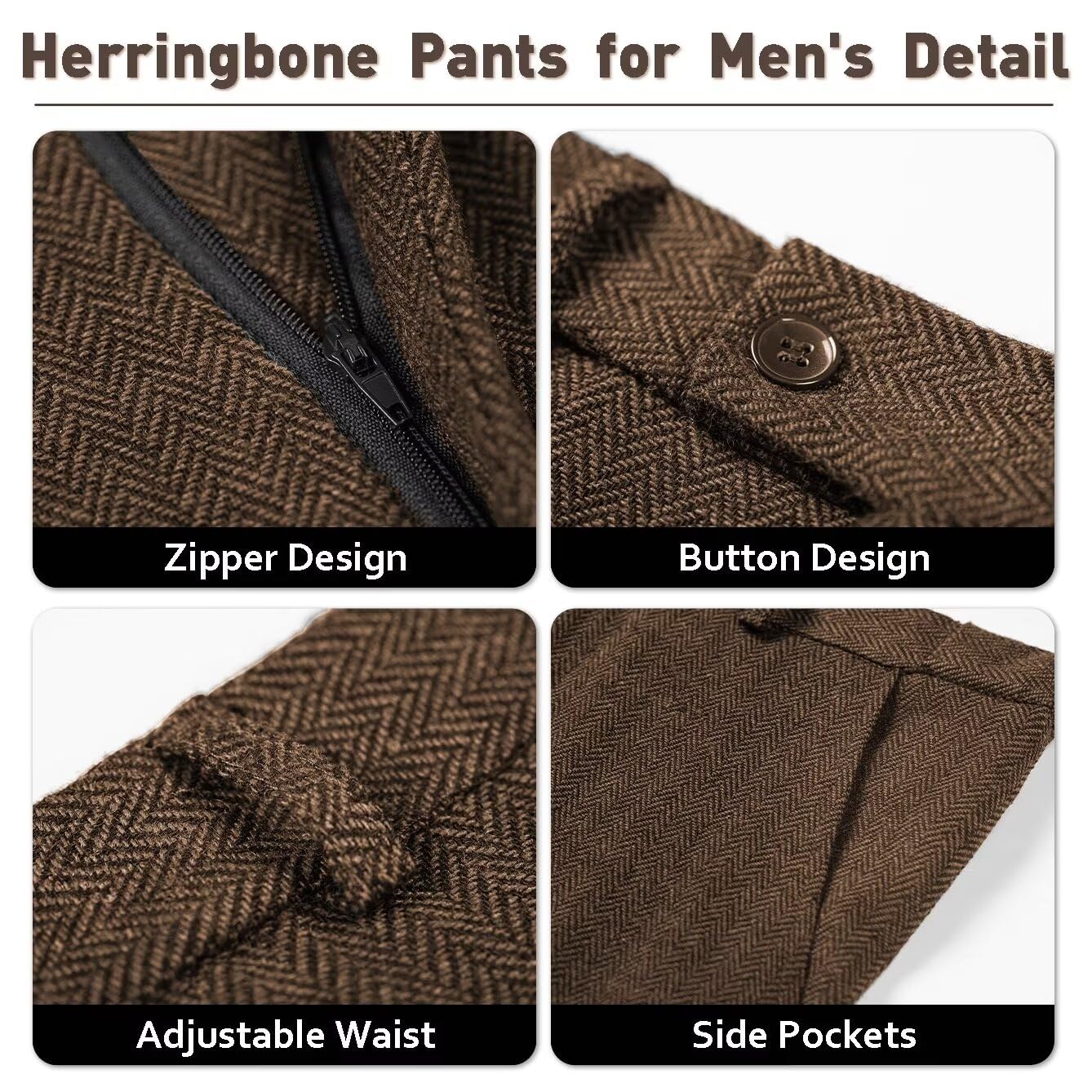 Men's Slim Fit Tweed Herringbone 3-Piece Suit Set - Wedding, Groomsmen, Prom Tuxedo with Jacket, Vest & Pants | Formal Occasions, Business Events & Special Celebrations